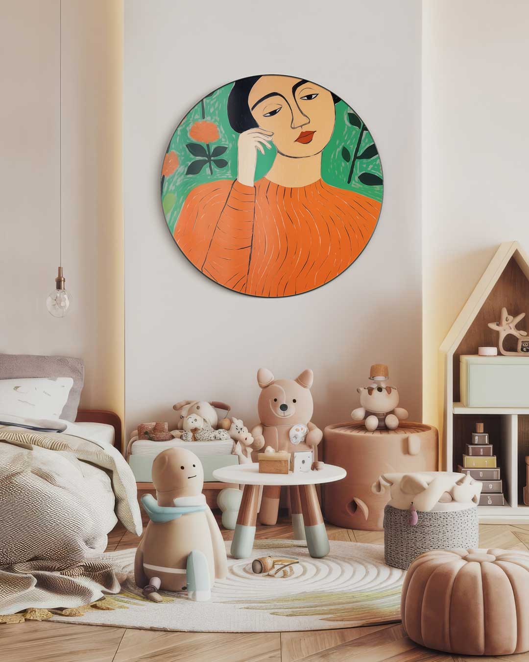 Vrouw in Oranje Bloemenpracht Muurcirkel-WallArtistic