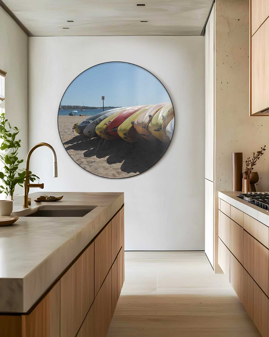 Zonnig strand met kajaks muurcirkel-WallArtistic