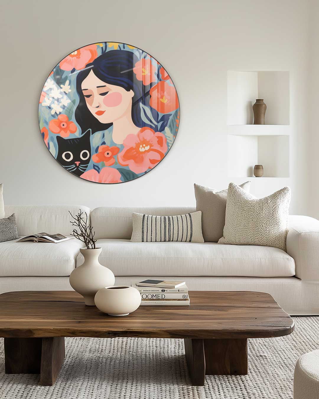 Bloemen en Katten Vrouwelijke Muurcirkel-WallArtistic