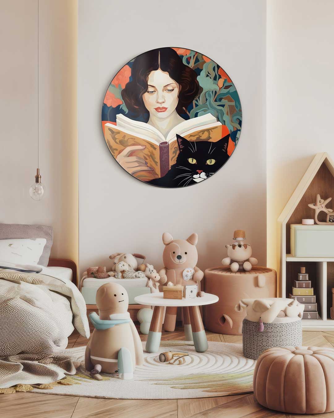 Chique Muurcirkel met Lezende Dame en Kat-WallArtistic