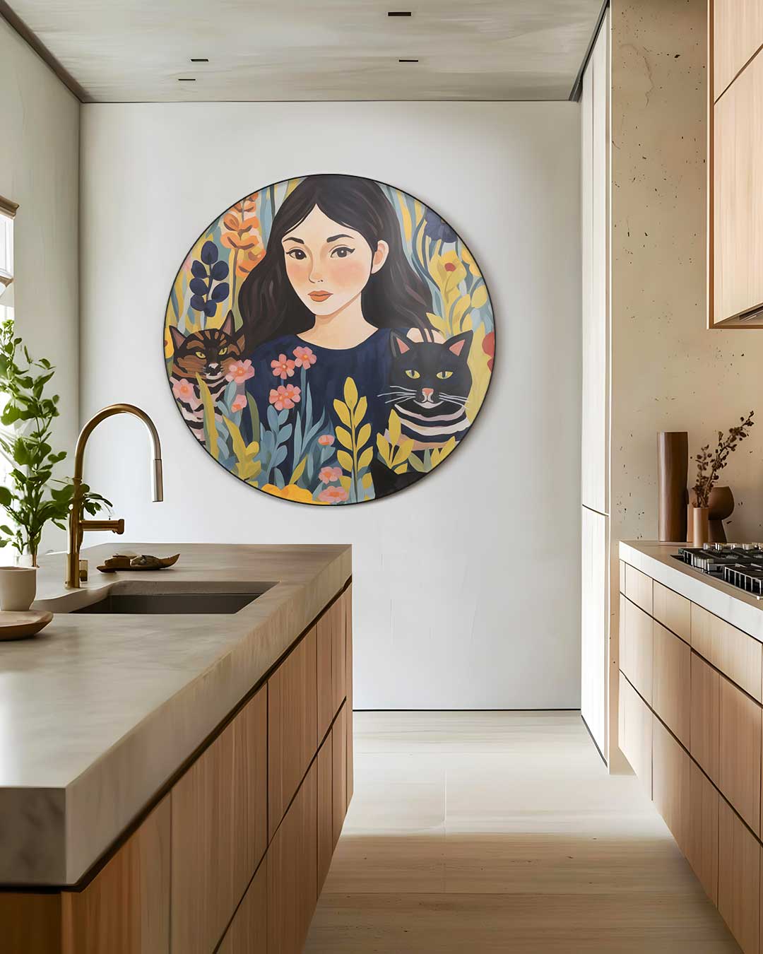 Vrolijke Vrouw en Katten Bloemen Muurcirkel-WallArtistic