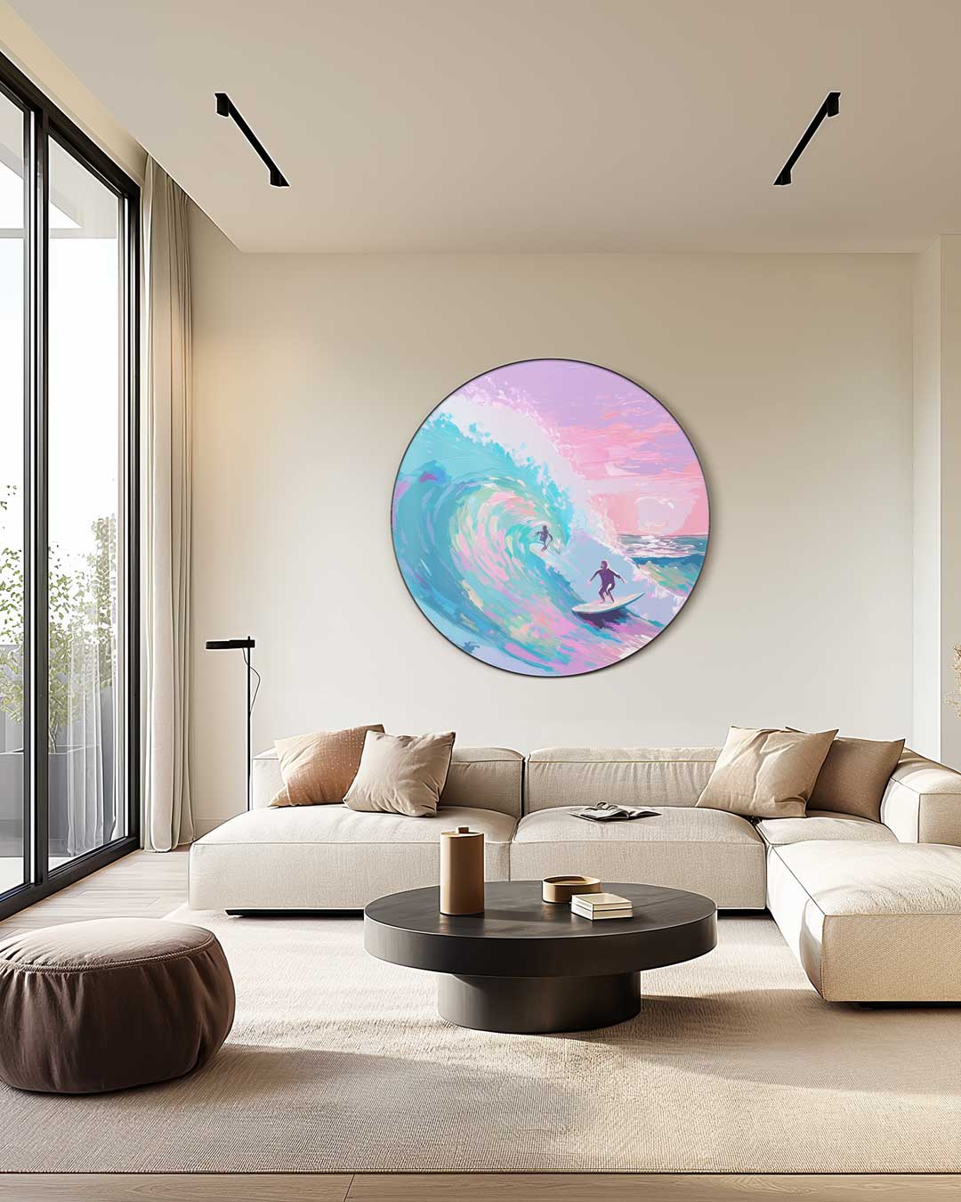 Surfers op Golven Muurcirkel-WallArtistic