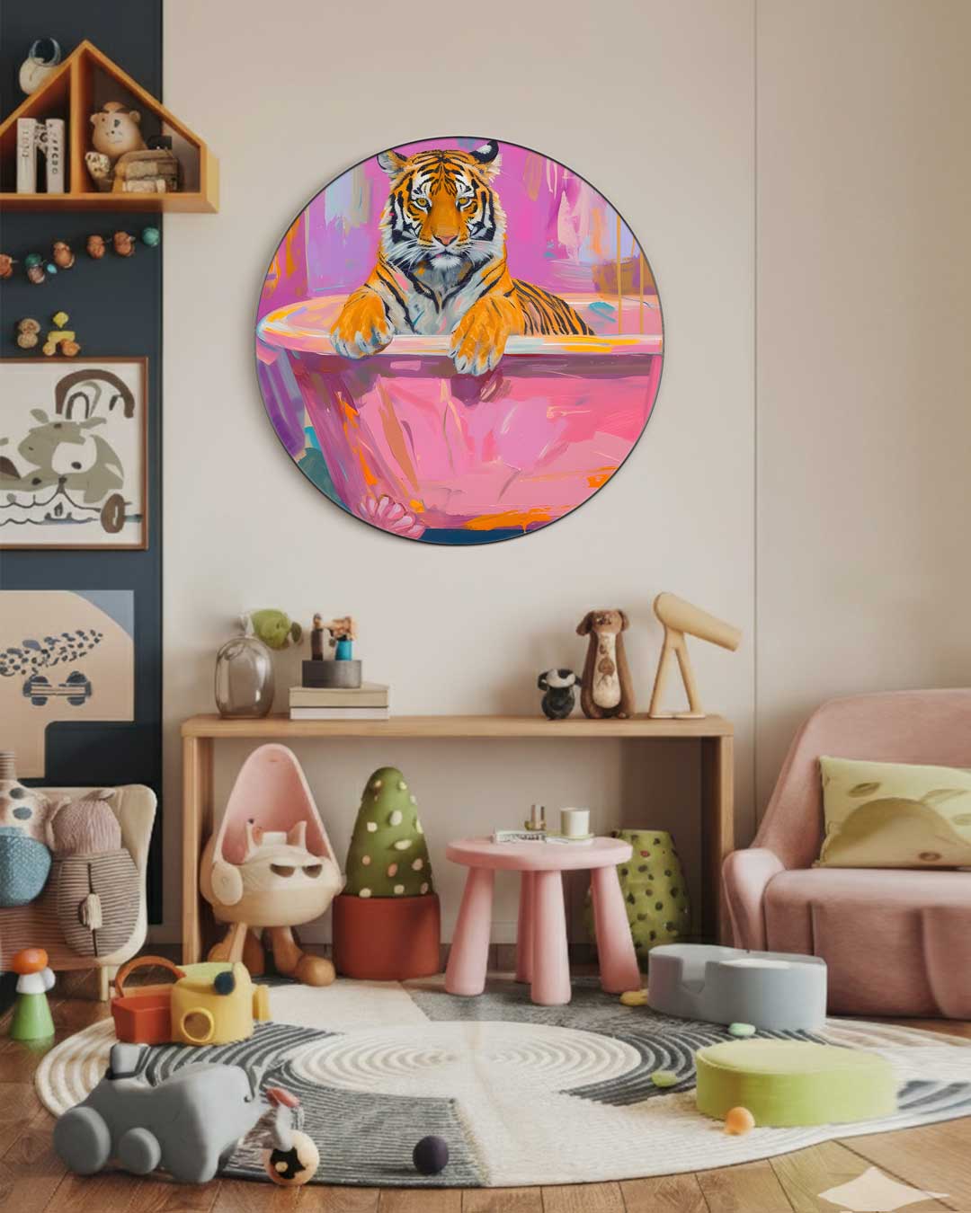 Kleurrijke Tijger in Bad Muurcirkel-WallArtistic