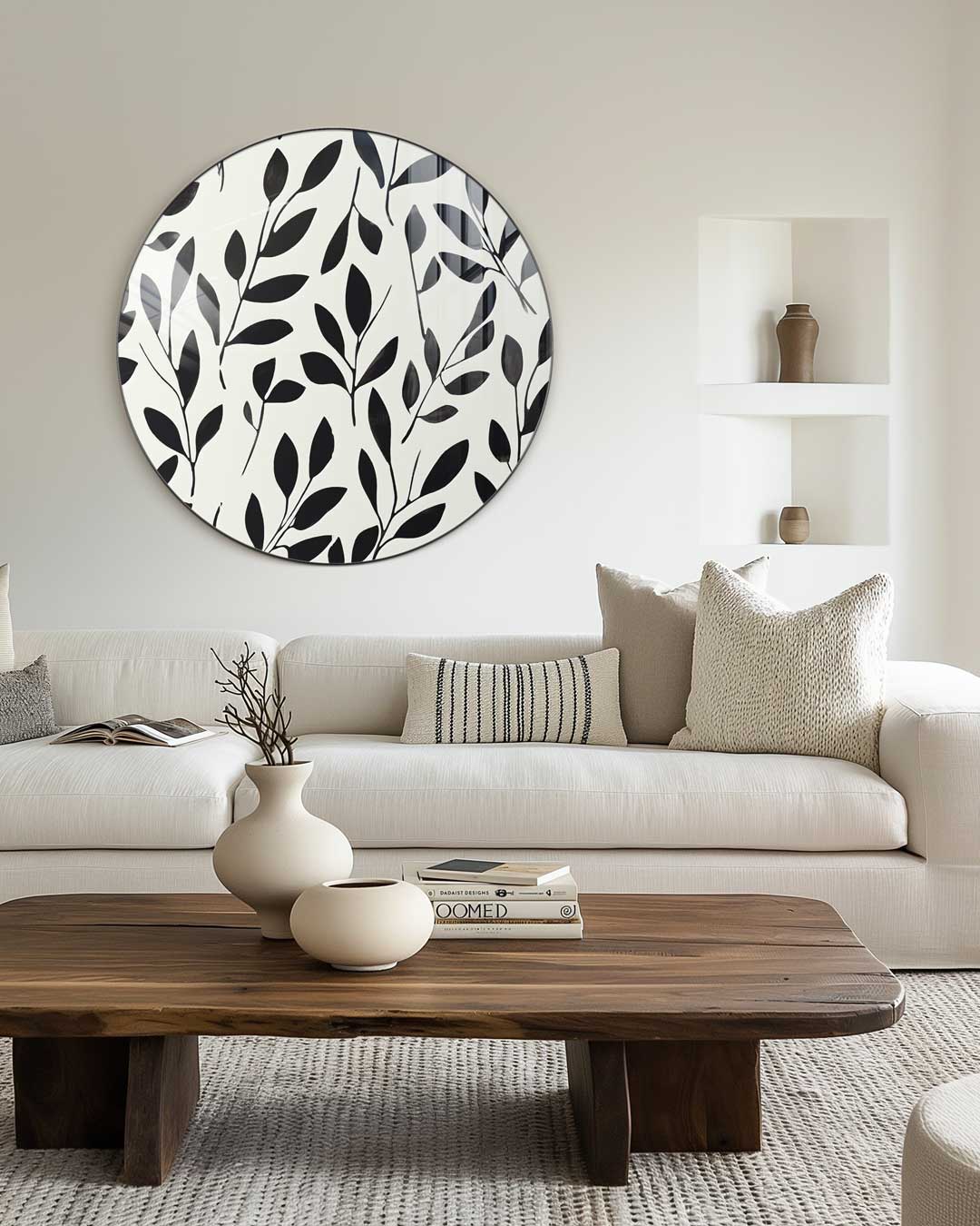 Elegant Zwart-Wit Bladeren Design Muurcirkel-WallArtistic