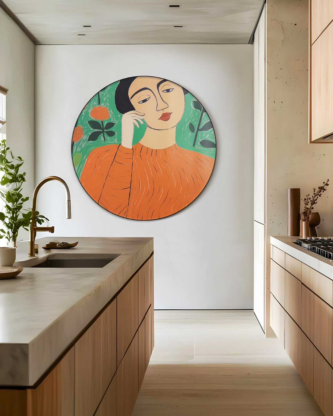 Vrouw in Oranje Bloemenpracht Muurcirkel-WallArtistic