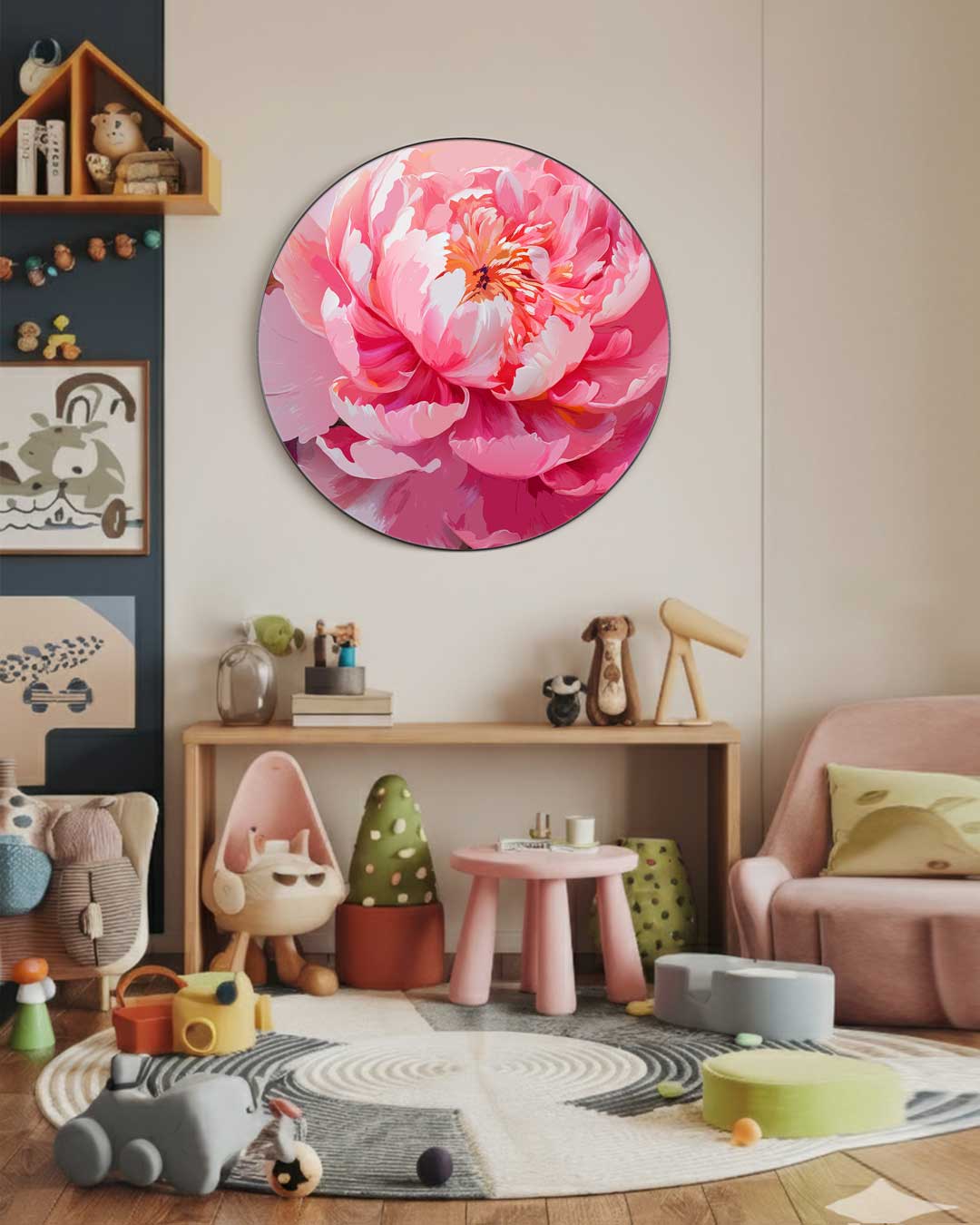 Bloeiende Roze Pioenroos Muurcirkel-WallArtistic