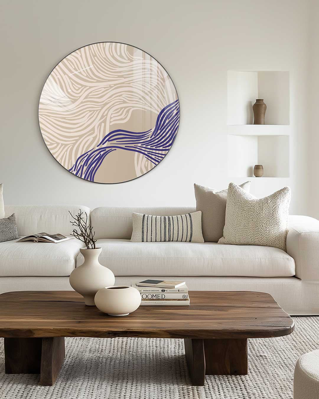 Artistieke Muurcirkel Beige en Blauw-WallArtistic