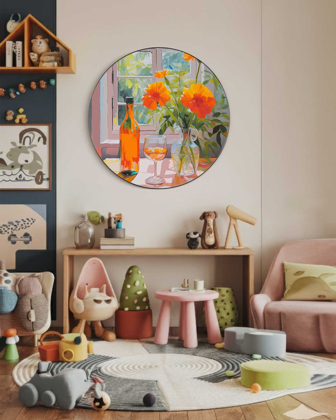 Zonnige Bloemen en Wijn Muurcirkel-WallArtistic