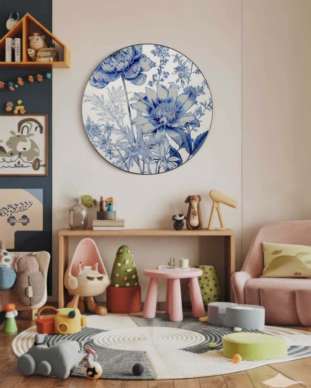 Blauwe Bloemenpracht Muurcirkel-WallArtistic