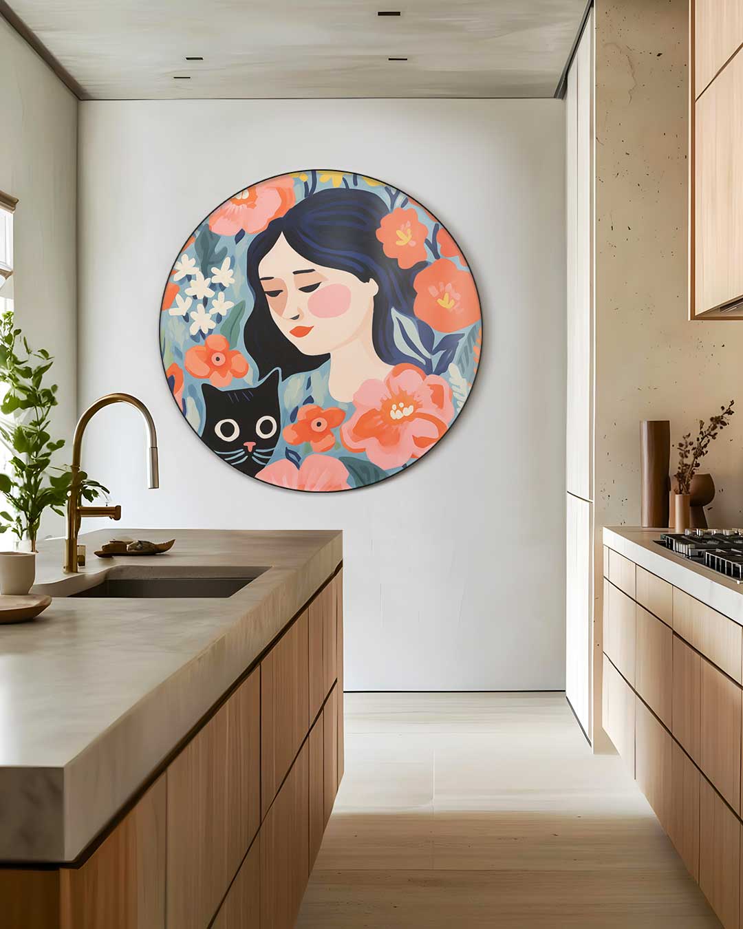 Bloemen en Katten Vrouwelijke Muurcirkel-WallArtistic
