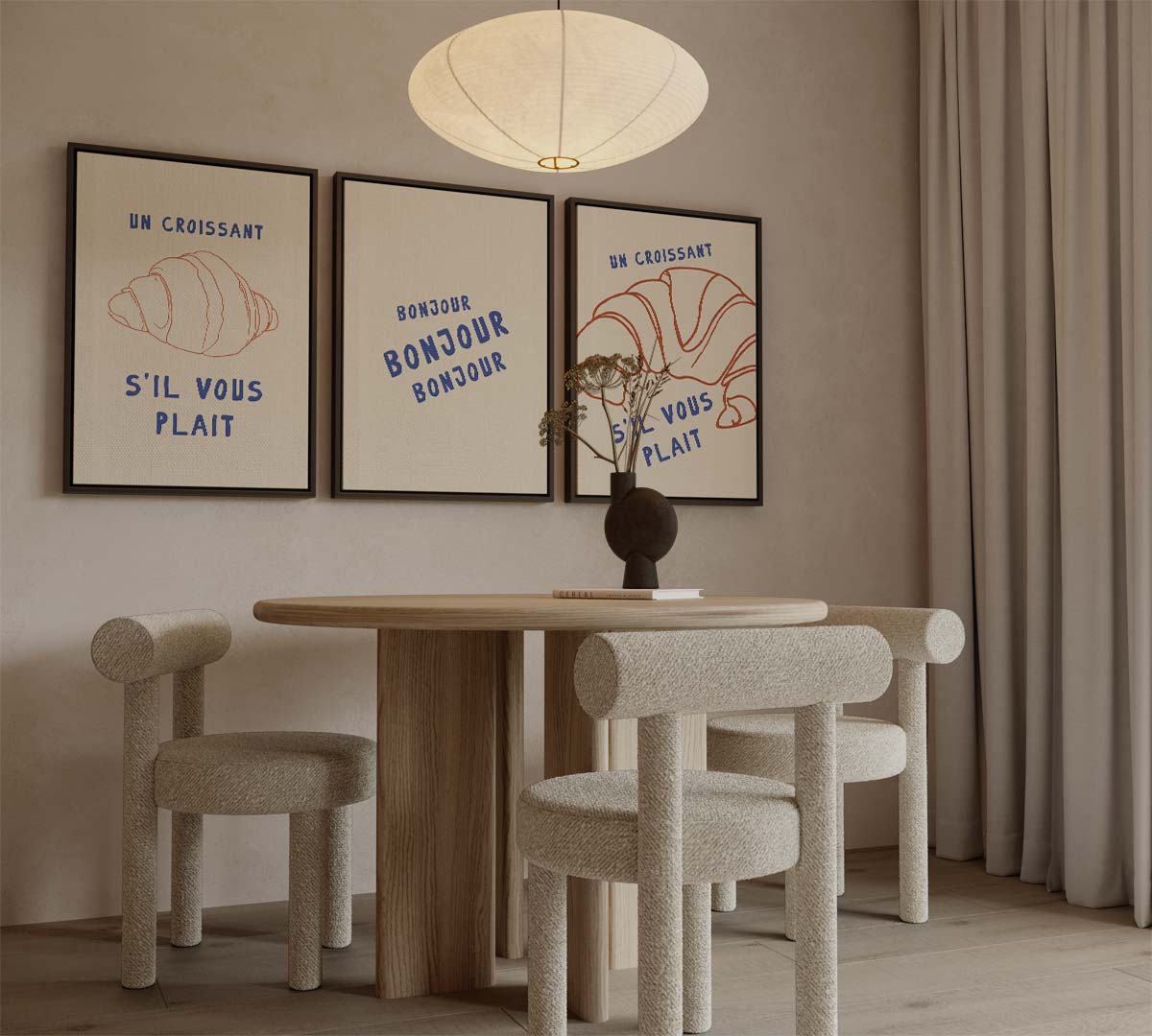 Franse ontbijtillustraties met croissants en typografie Kunstwerk-canvas-dibond-plexiglas-wanddecoratie-WallArtistic