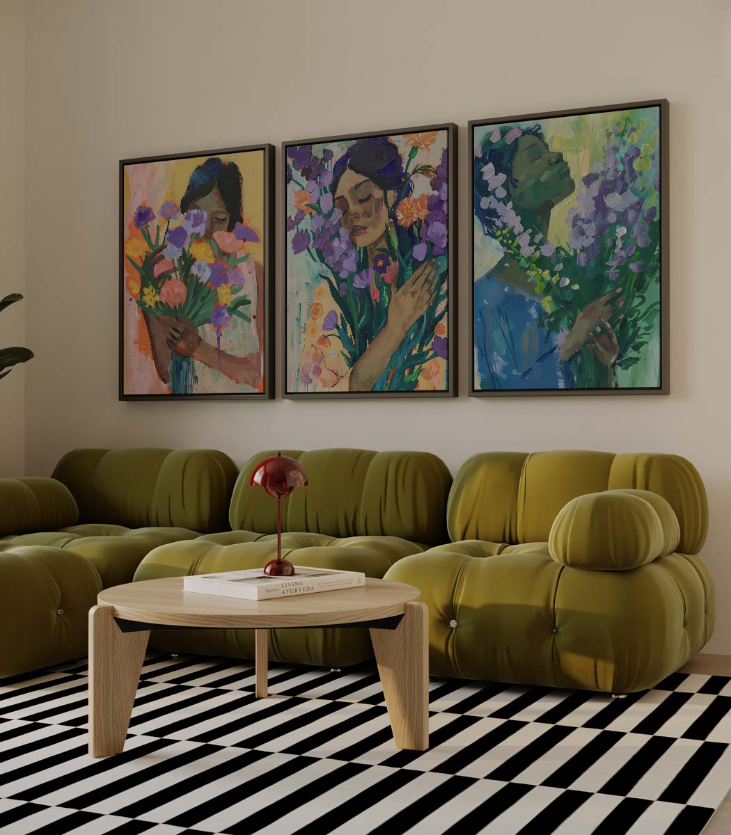 Vrouwen met bloemen in expressieve stijl Kunstwerk-canvas-dibond-plexiglas-wanddecoratie-WallArtistic