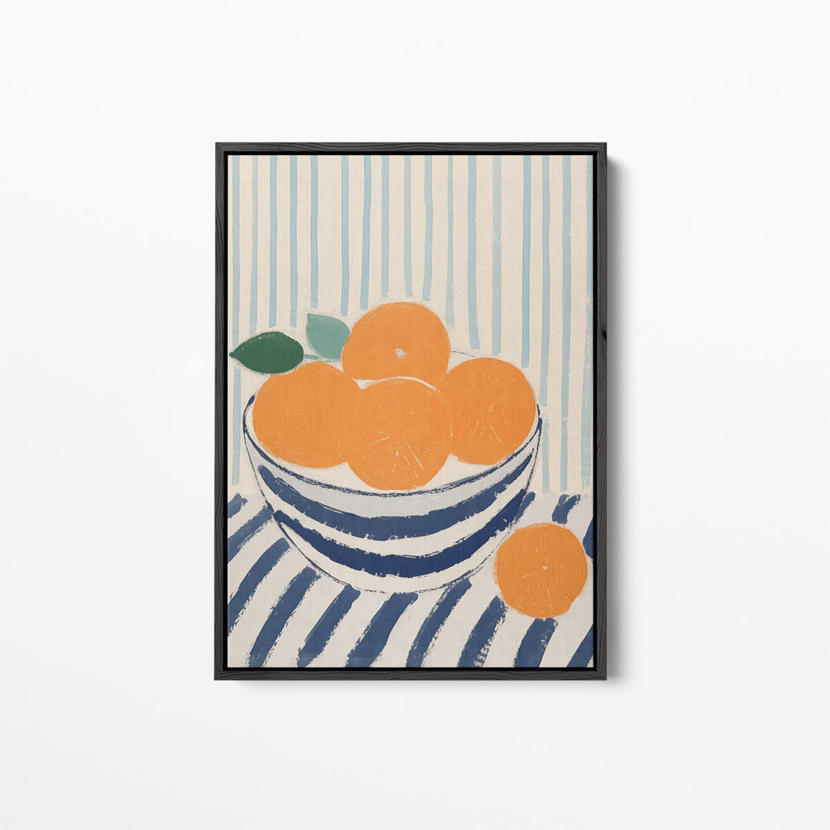 Blauwe kom met sinaasappels op gestreept tafelkleed Kunstwerk-canvas-dibond-plexiglas-wanddecoratie-WallArtistic