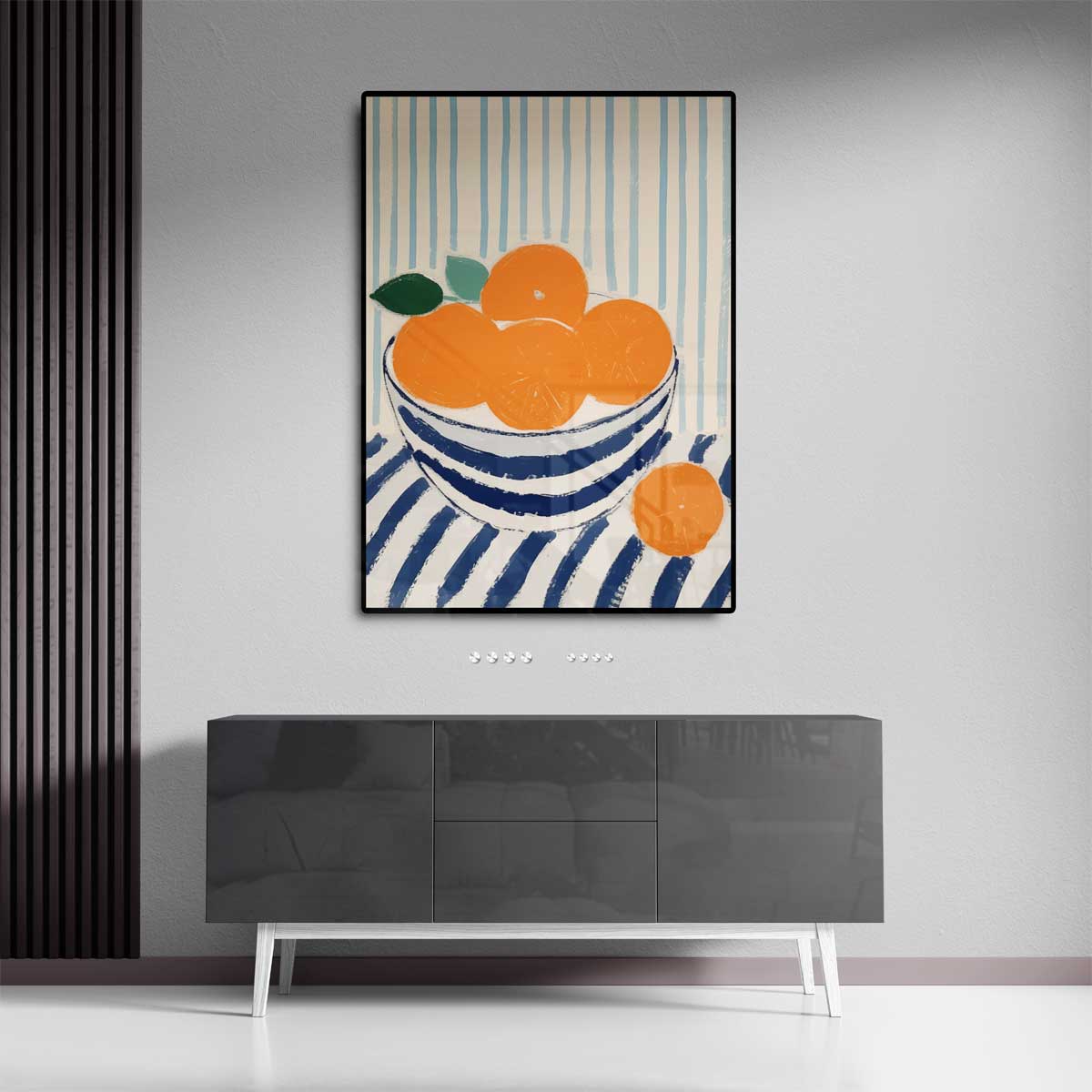 Blauwe kom met sinaasappels op gestreept tafelkleed Kunstwerk-canvas-dibond-plexiglas-wanddecoratie-WallArtistic
