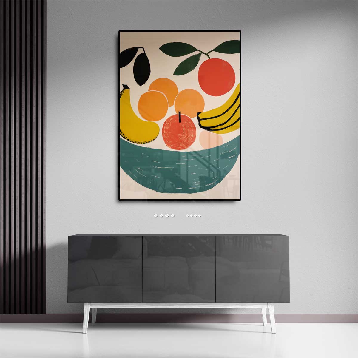 Kleurrijke fruitschaal met bananen en perziken Kunstwerk-canvas-dibond-plexiglas-wanddecoratie-WallArtistic