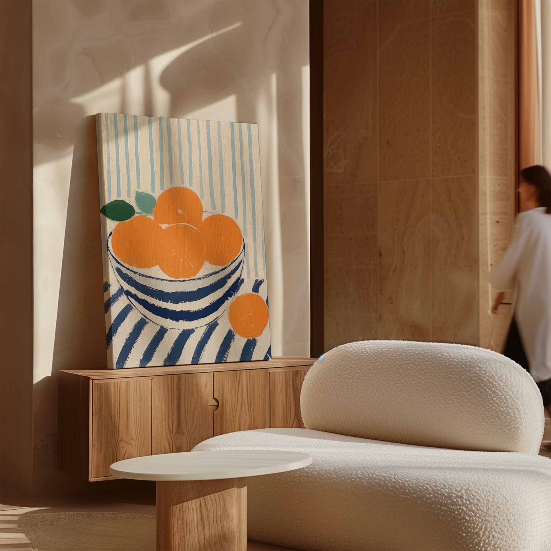 Blauwe kom met sinaasappels op gestreept tafelkleed Kunstwerk-canvas-dibond-plexiglas-wanddecoratie-WallArtistic