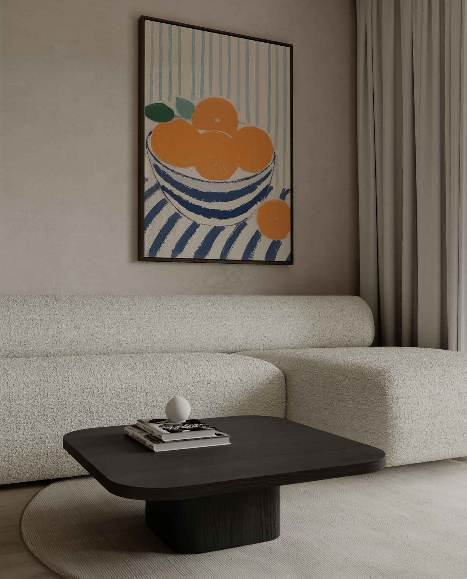 Blauwe kom met sinaasappels op gestreept tafelkleed Kunstwerk-canvas-dibond-plexiglas-wanddecoratie-WallArtistic