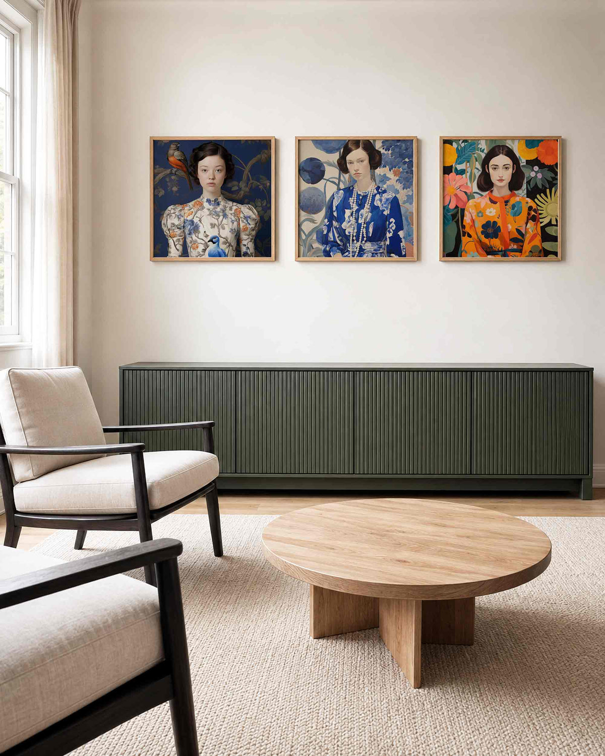 Interieurpresentatie van een driedelige vierkante posterset met vrouwen en bloemen
