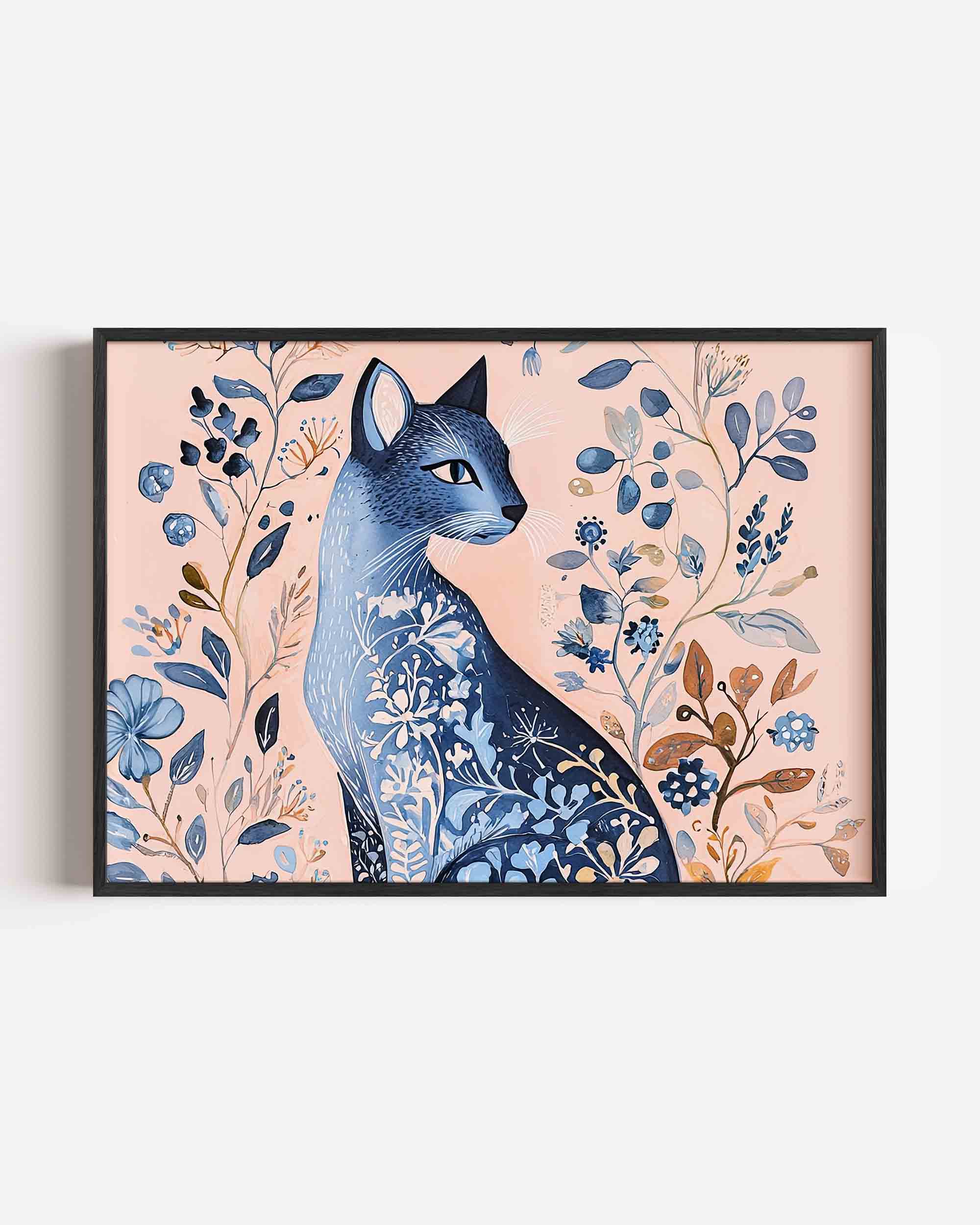 Blauwe kat met bloemen Poster