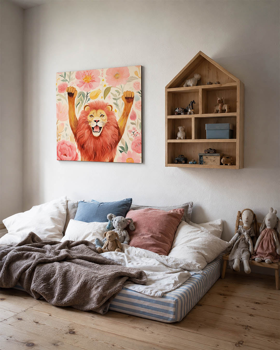 Vrolijke leeuw en bloemen Kunstwerk