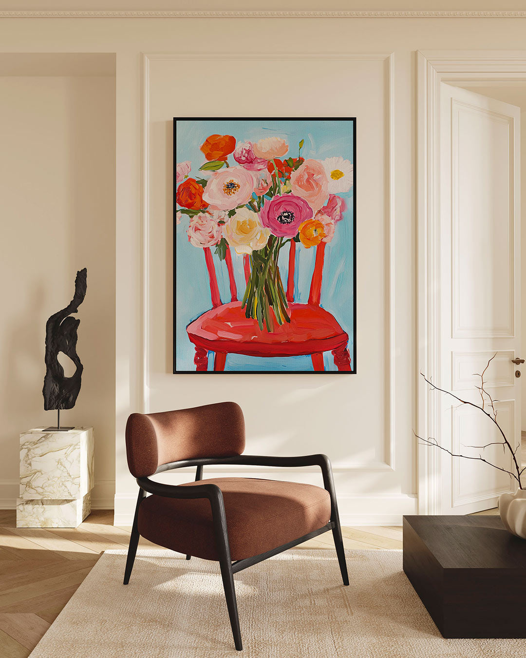Bloemen op stoel Kunstwerk