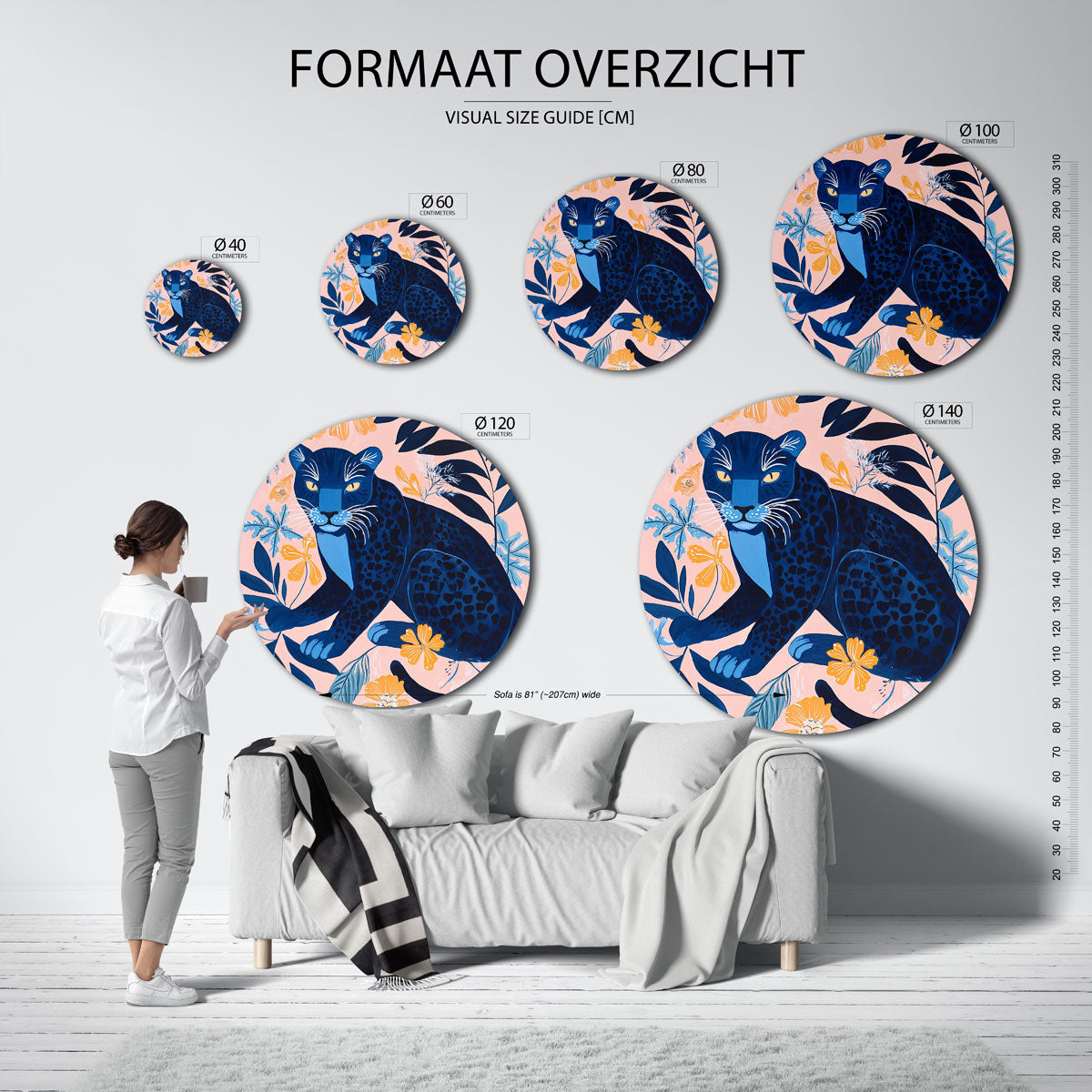 Blauwe panter met bloemen Muurcirkel
