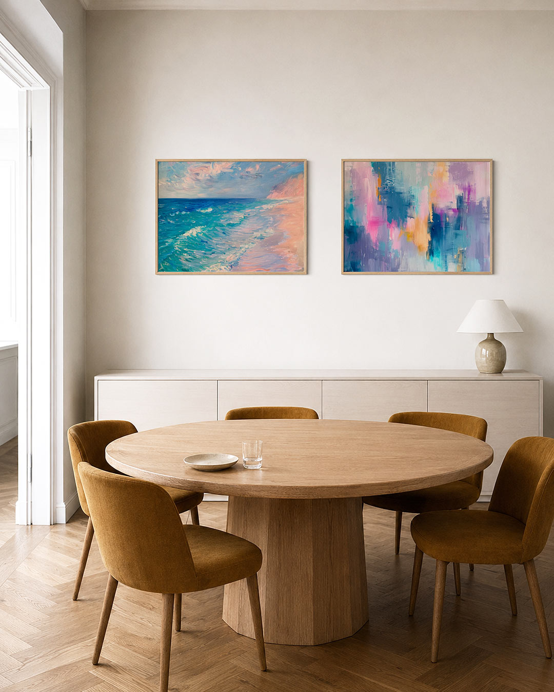 Interieurpresentatie van twee posters met een levendig spel van blauwe en roze tinten