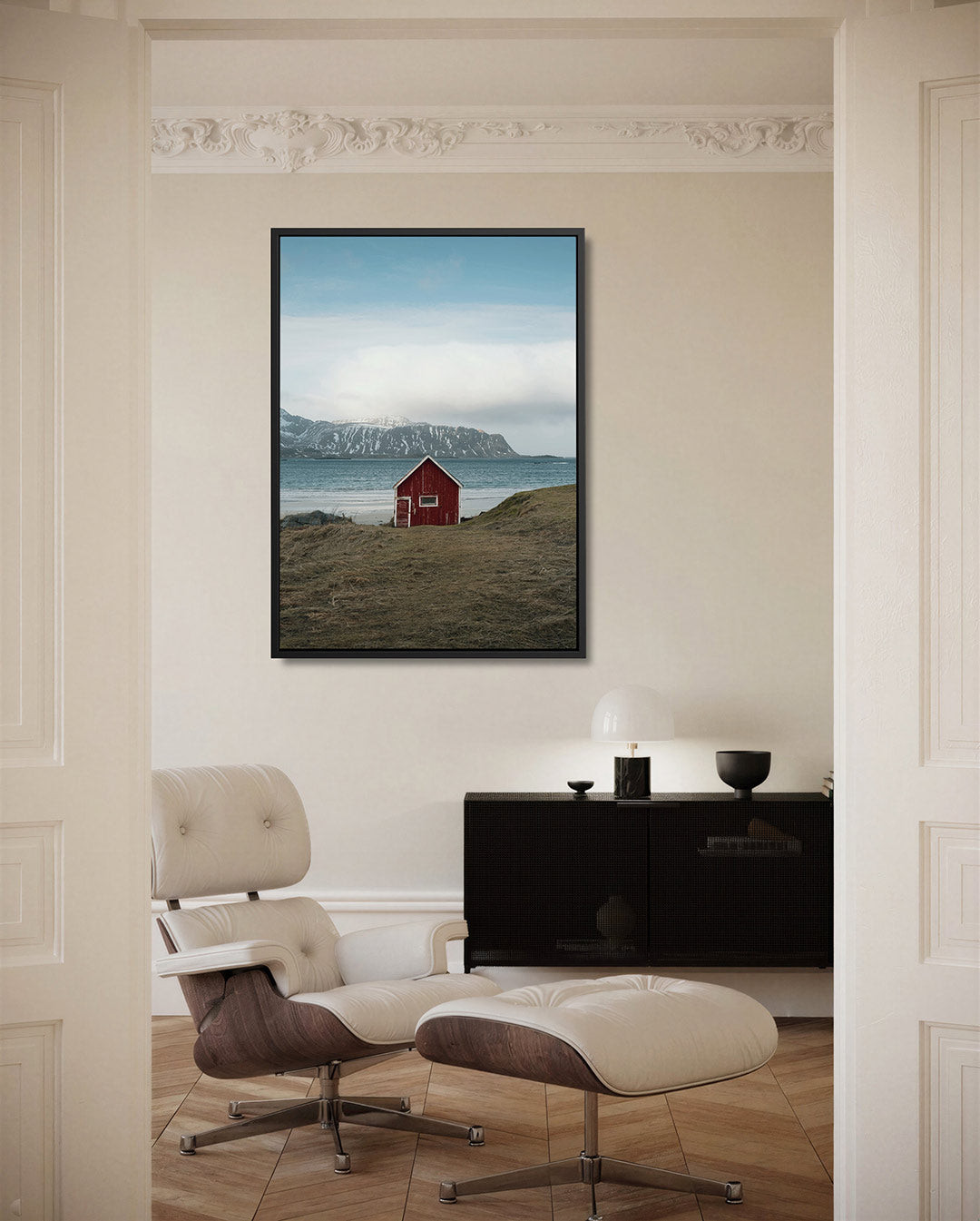 Rood huisje aan zee Kunstwerk