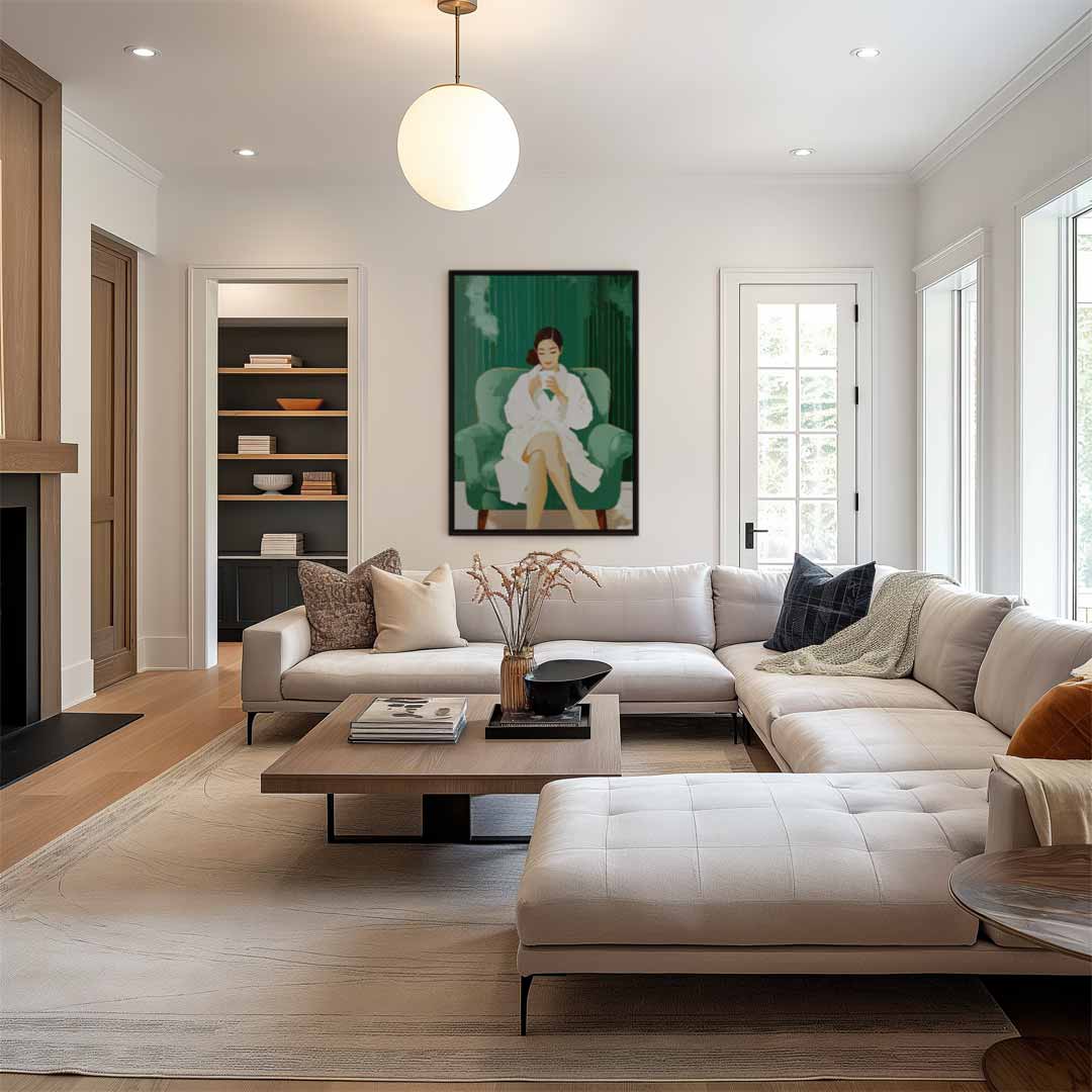 Ontspannen Moment Vrouw Met Koffiekop Kunstwerk-canvas-dibond-plexiglas-wanddecoratie-WallArtistic
