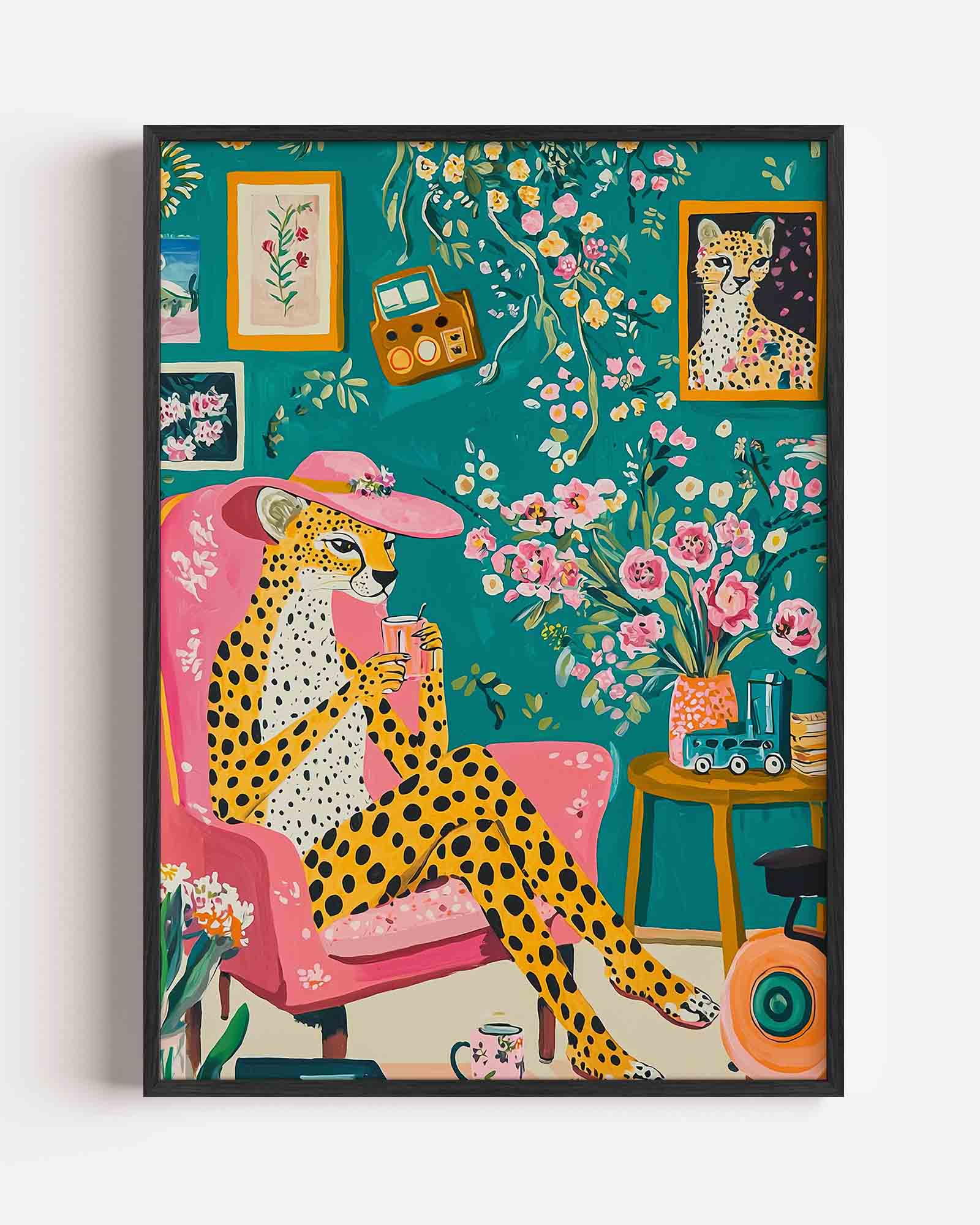 Luipaard met roze hoed Poster