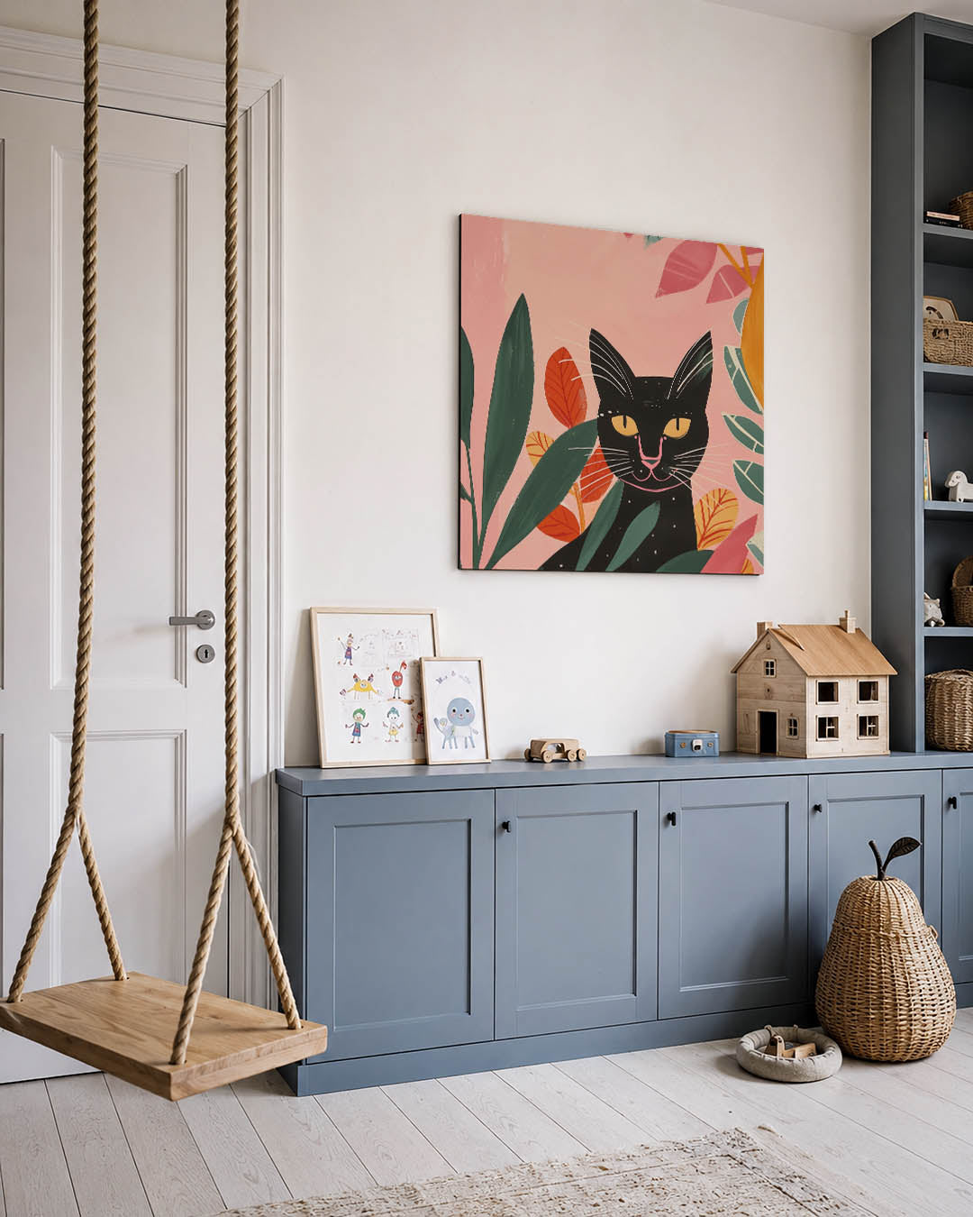 Kleurrijke kat en bladeren Kunstwerk