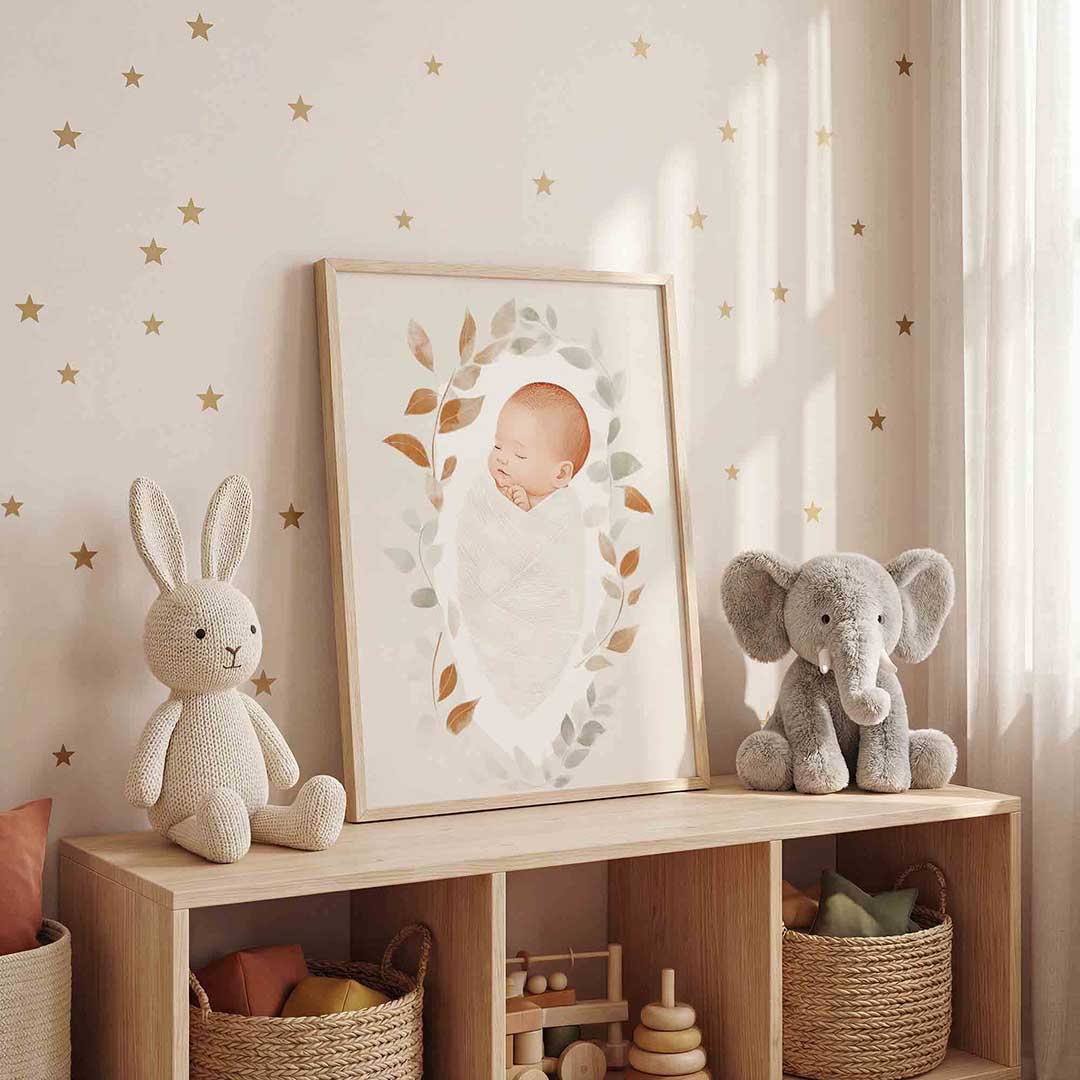 Slapende baby met bladeren Poster