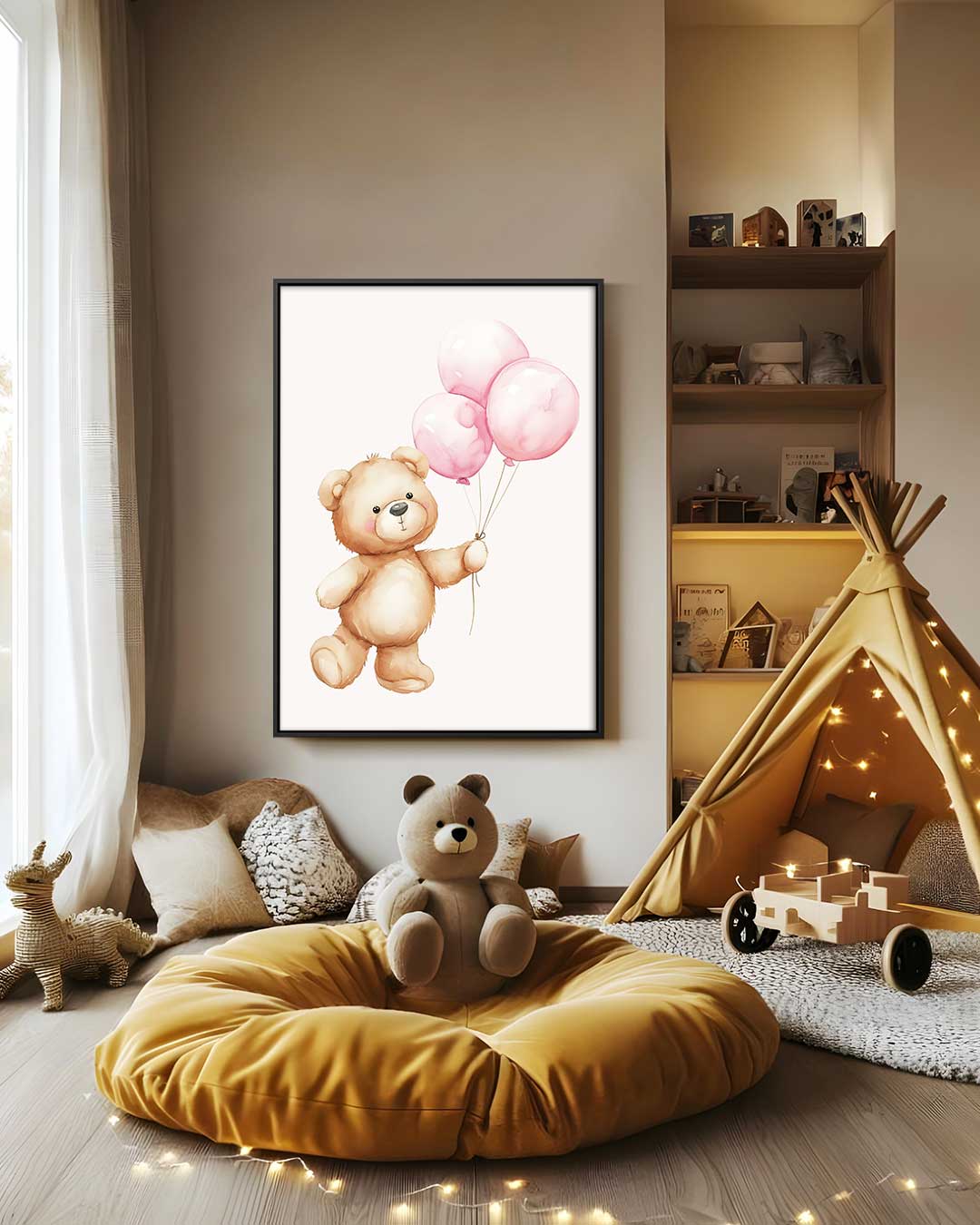 Lieve Beer met Roze Ballonnen Kunstwerk-canvas-dibond-plexiglas-wanddecoratie-WallArtistic