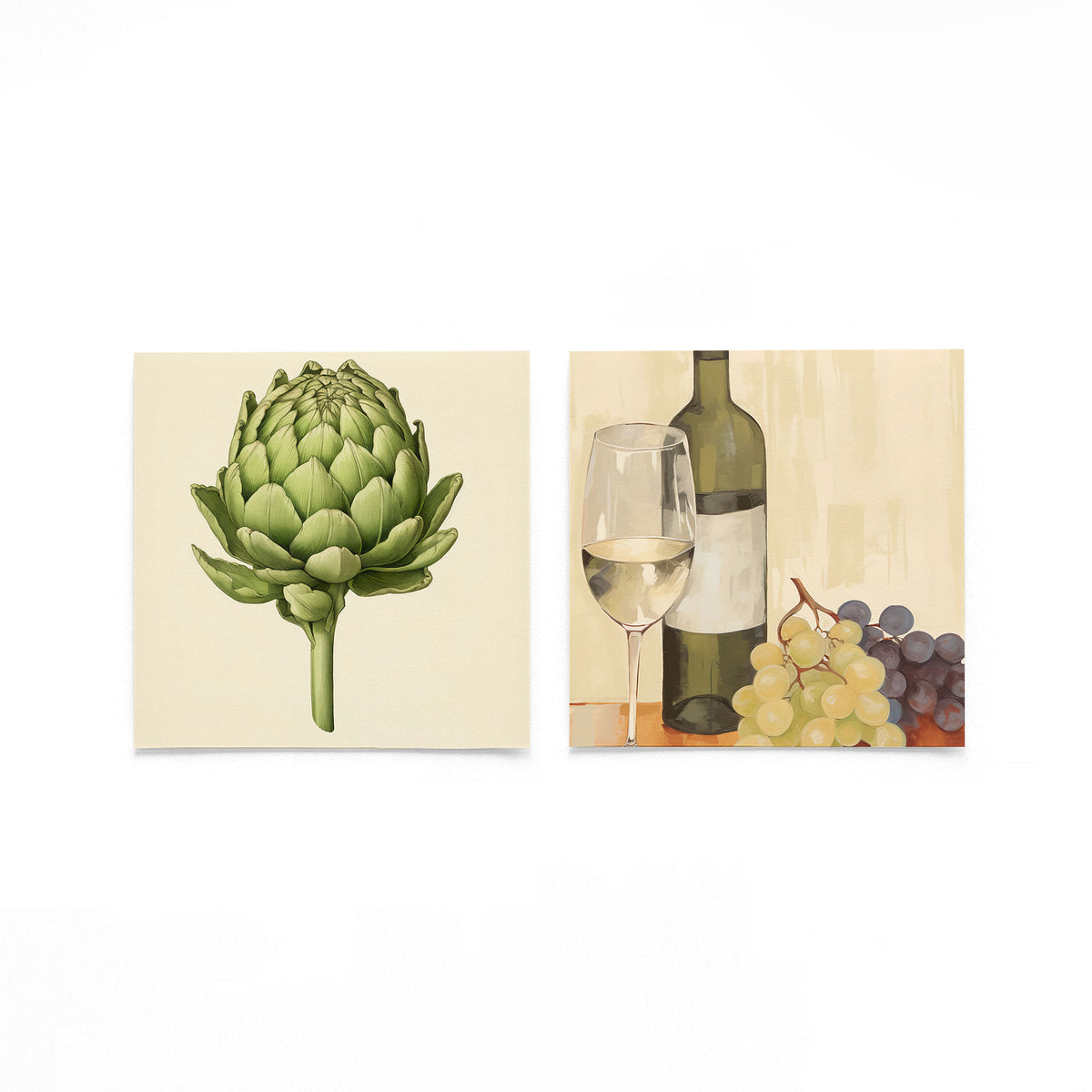 Twee vierkante posters met artisjok en wijn op een gebroken witte achtergrond