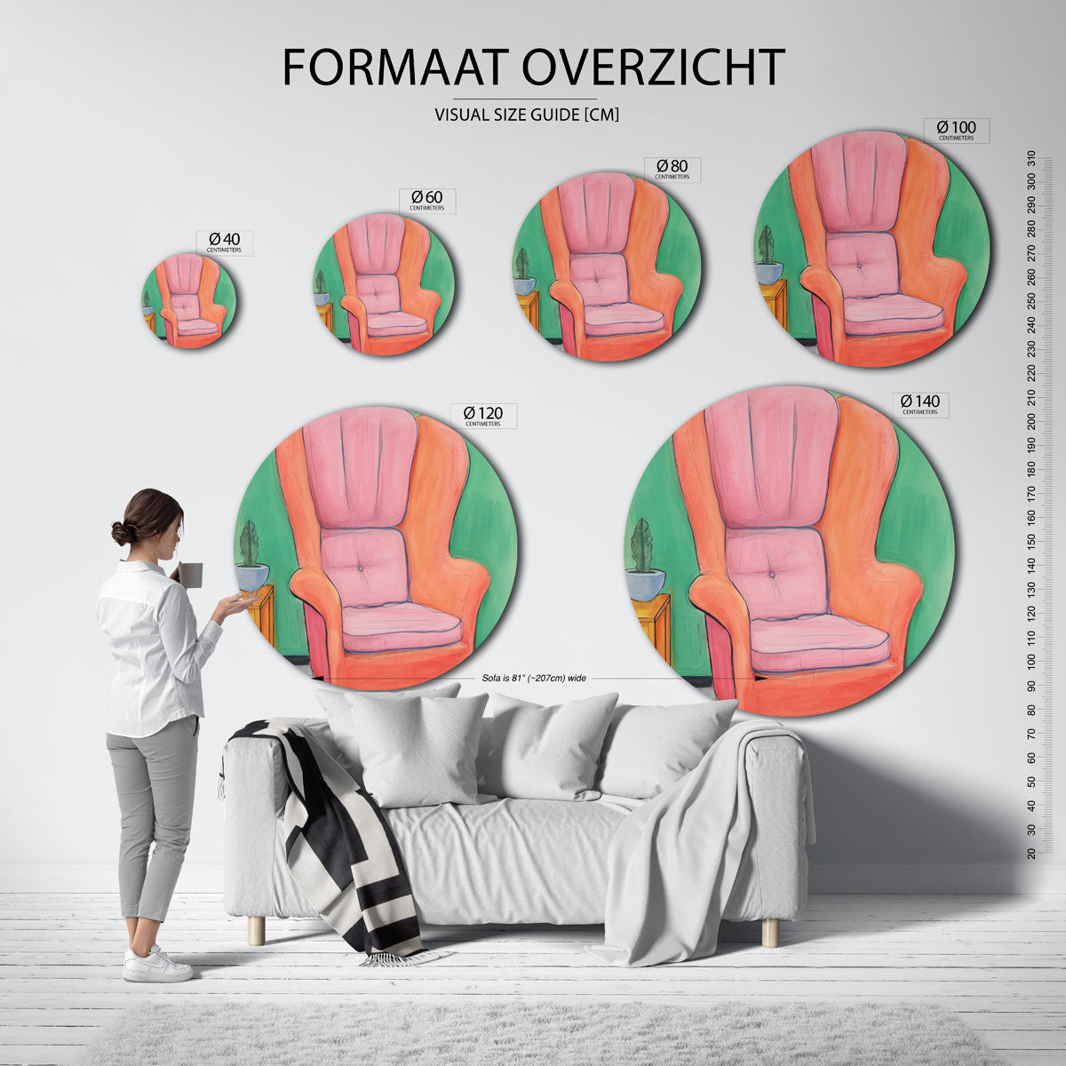 Roze stoel met groene achtergrond Muurcirkel
