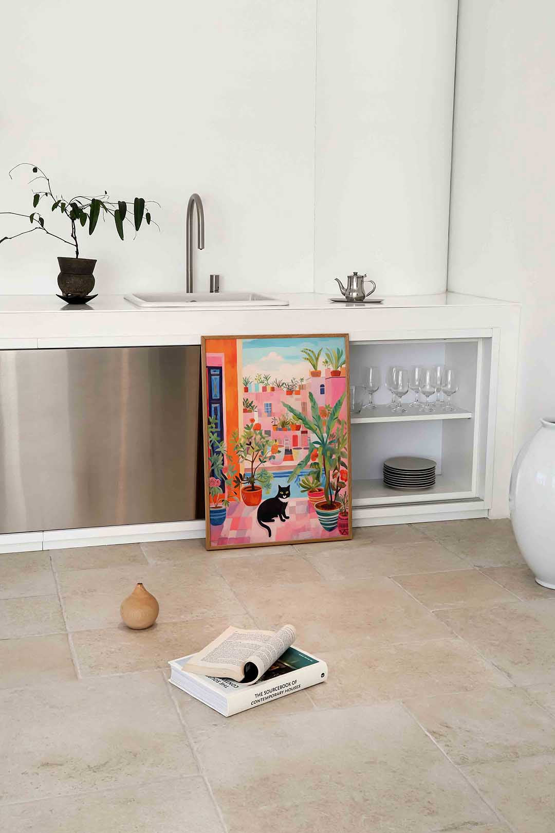 Zwarte kat en planten Poster