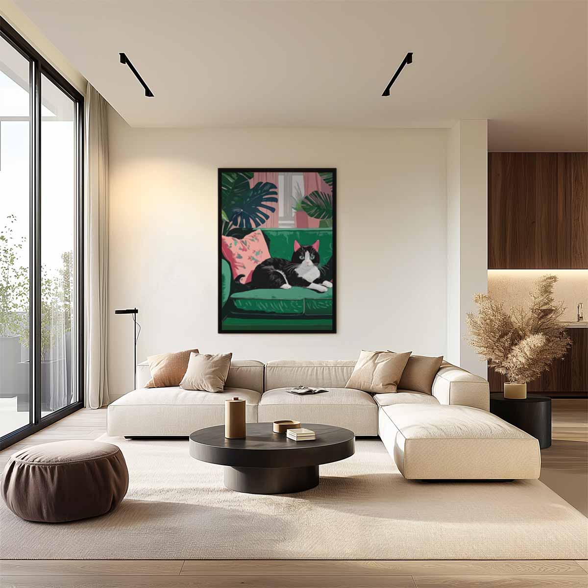 Gezellige Kat op Groene Bank Kunstwerk-canvas-dibond-plexiglas-wanddecoratie-WallArtistic