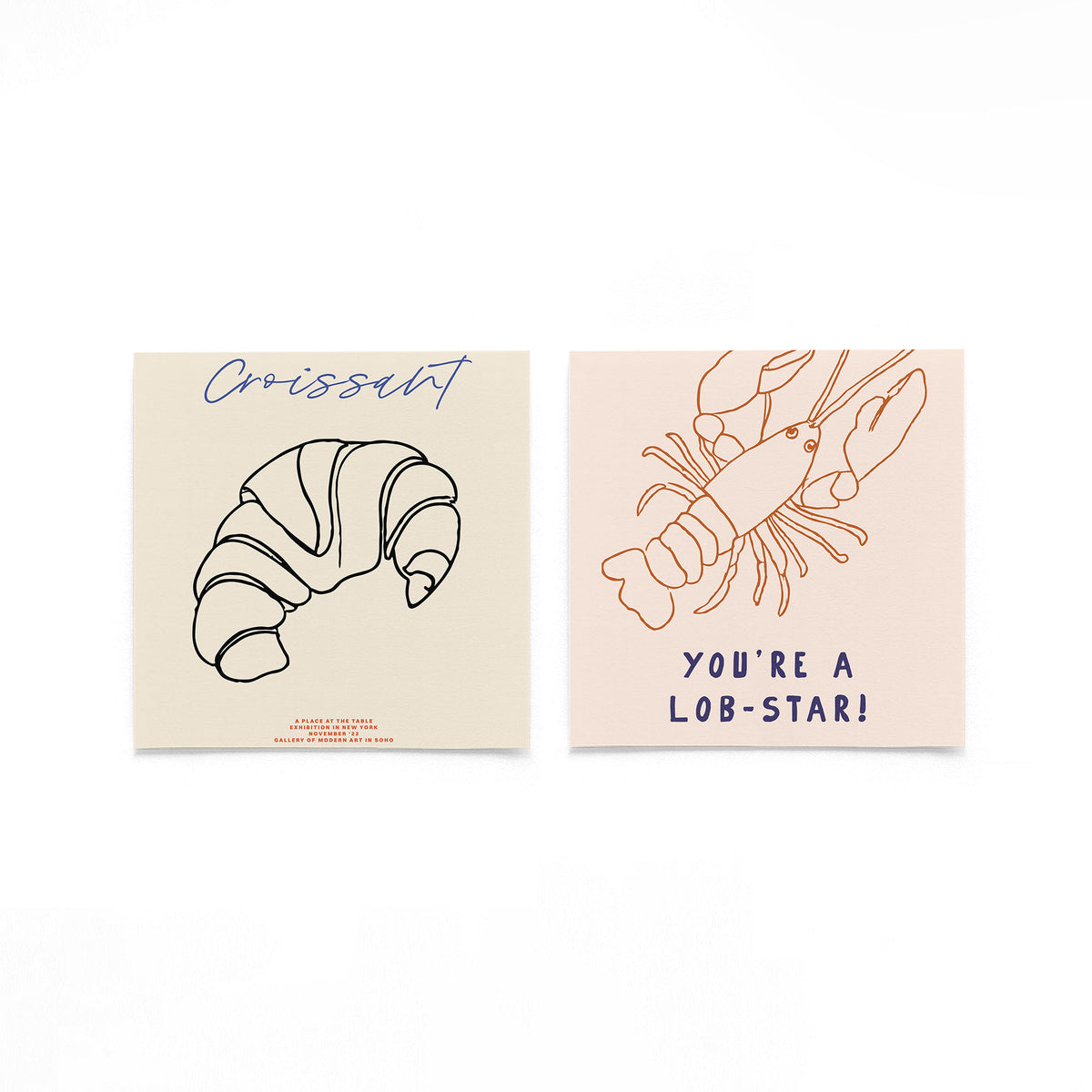 Twee vierkante posters met croissant en kreeft op een gebroken witte achtergrond