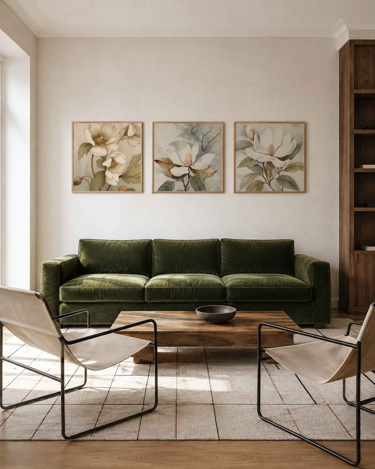 Interieurpresentatie van een driedelige vierkante posterset met magnolia bloemen
