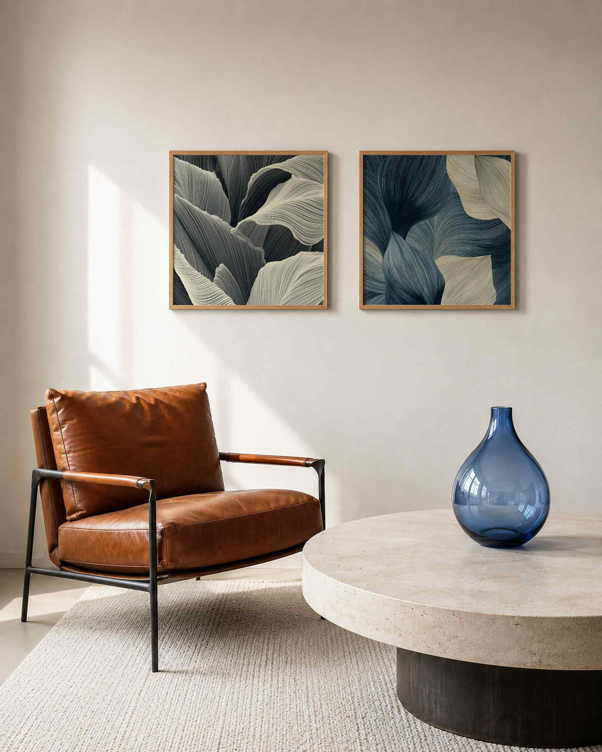 Interieurpresentatie van een tweedelige vierkante posterset met golvende lijnen