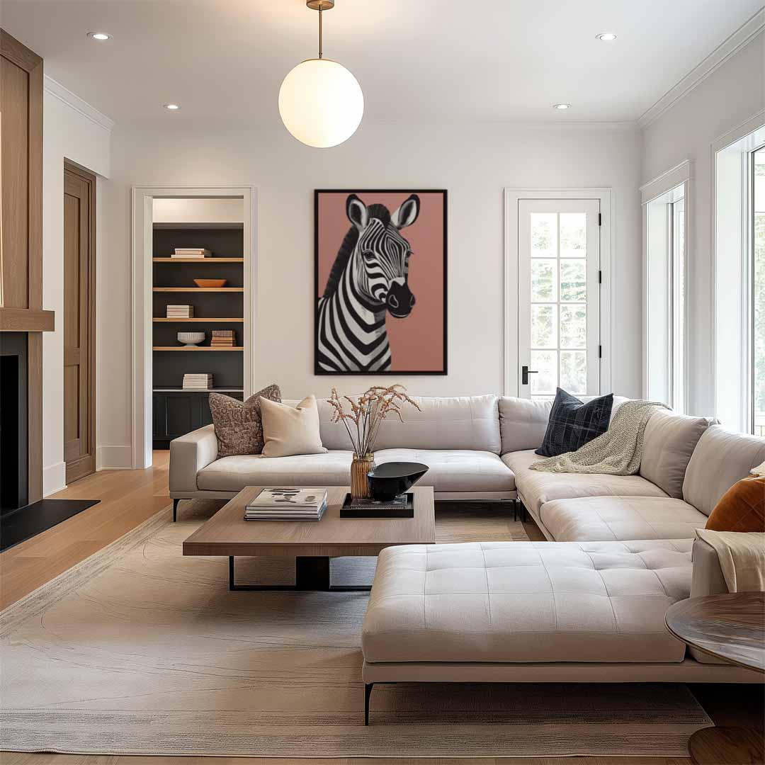 Zebra Portret op Roze Achtergrond Kunstwerk-canvas-dibond-plexiglas-wanddecoratie-WallArtistic