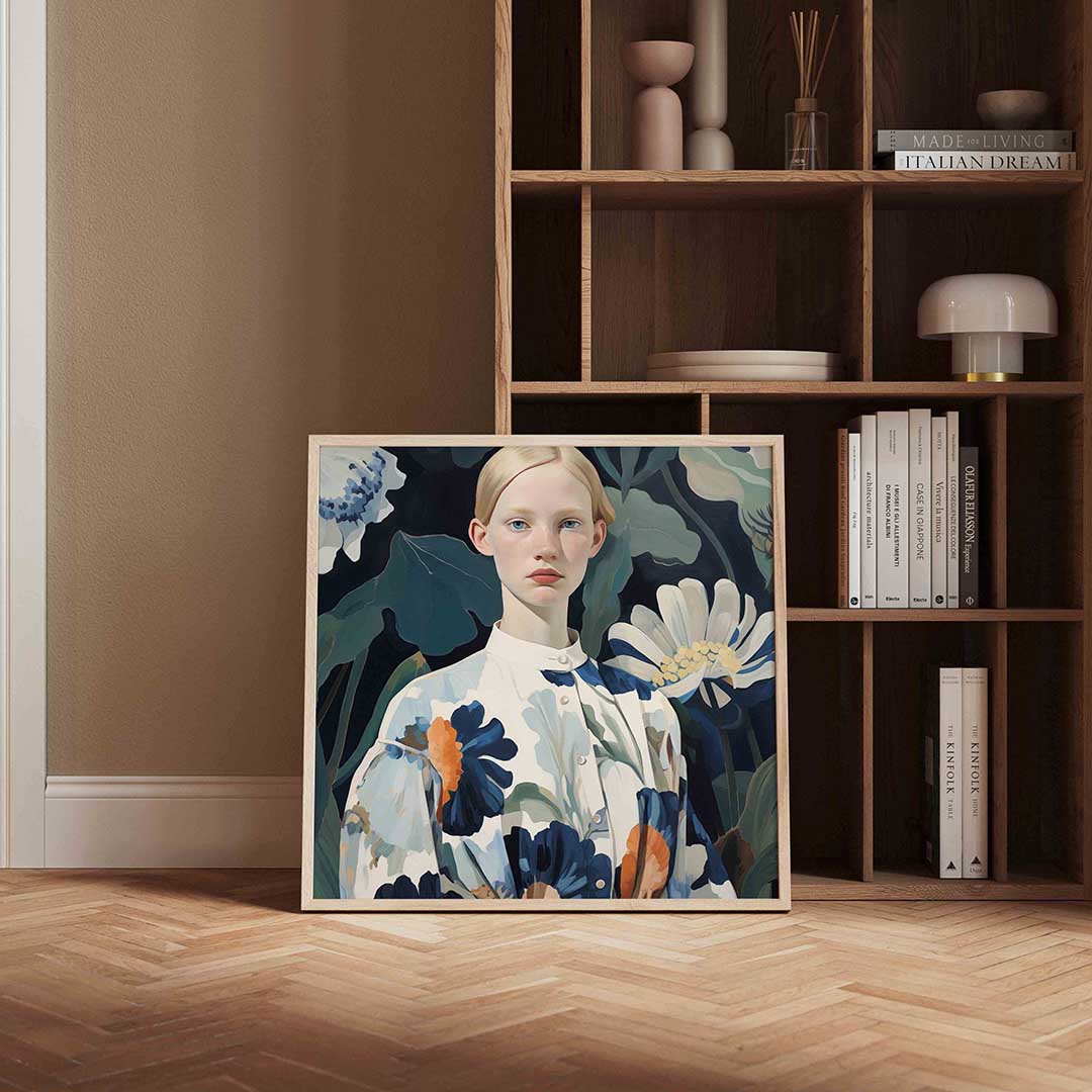 Vrouw met bloemenachtergrond Poster