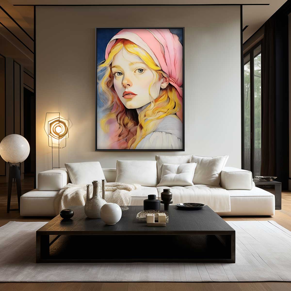 Dromerige Meisje met Roze Hoofddoek Kunstwerk-canvas-dibond-plexiglas-wanddecoratie-WallArtistic