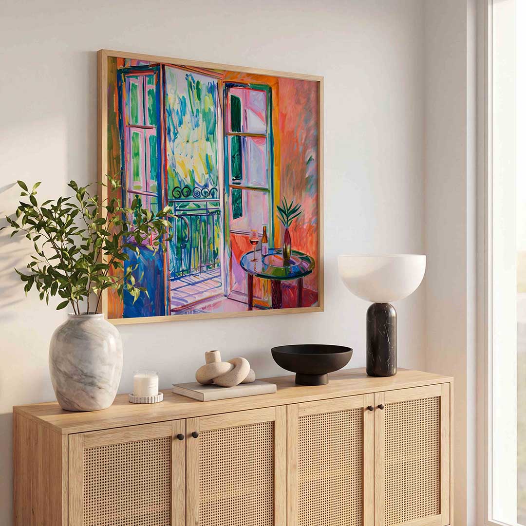Open balkon met tafel Poster