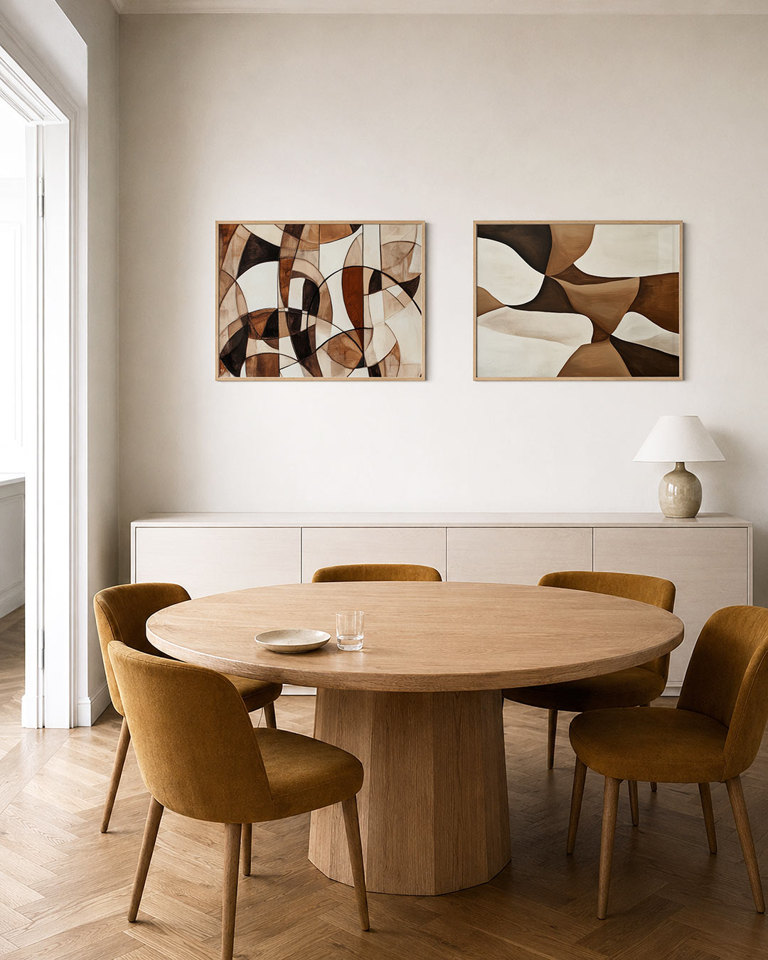 Twee liggende posters met vloeiende vormen, aan de muur in een interieur