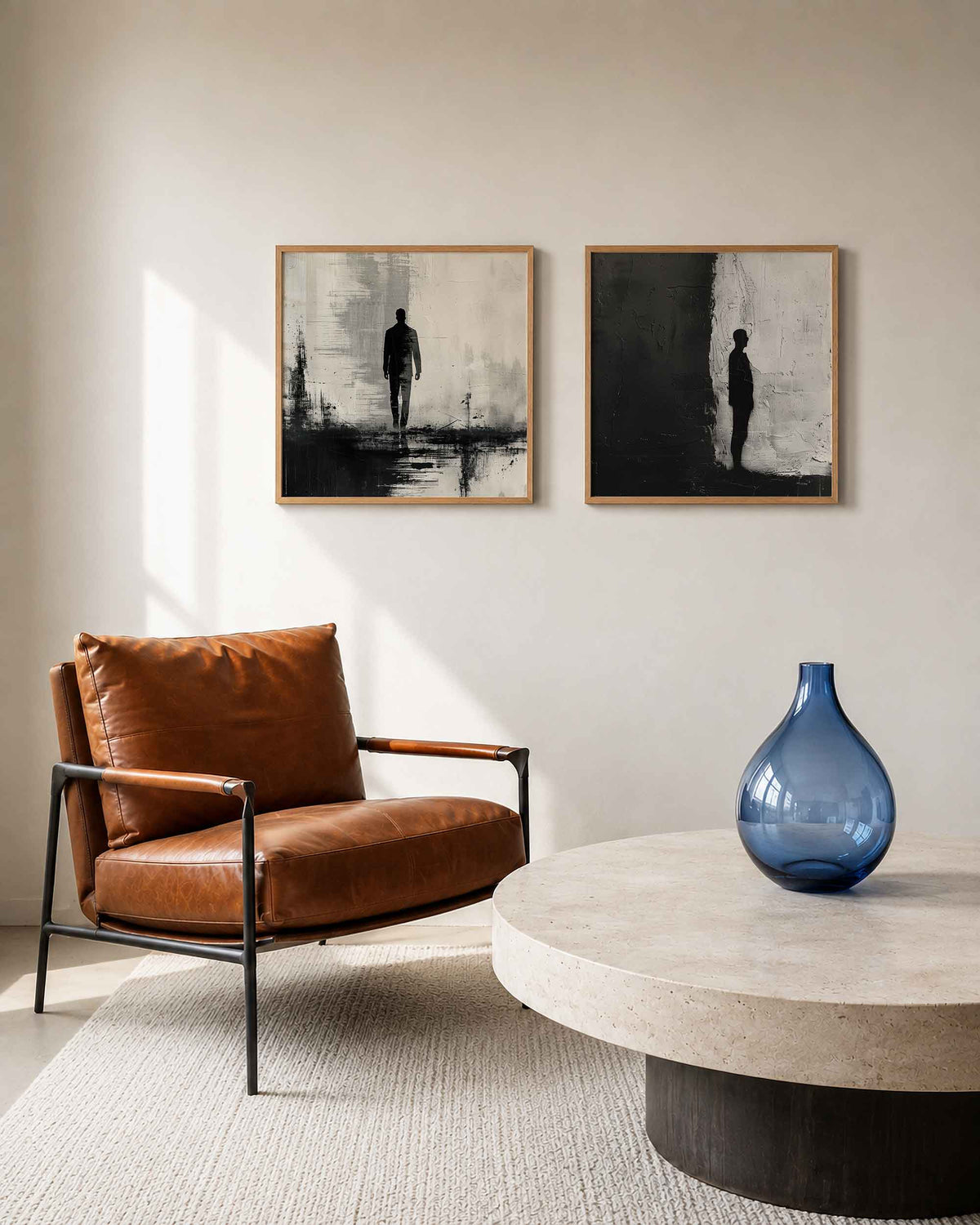 Interieurpresentatie van een tweedelige vierkante posterset met silhouetten in contrast