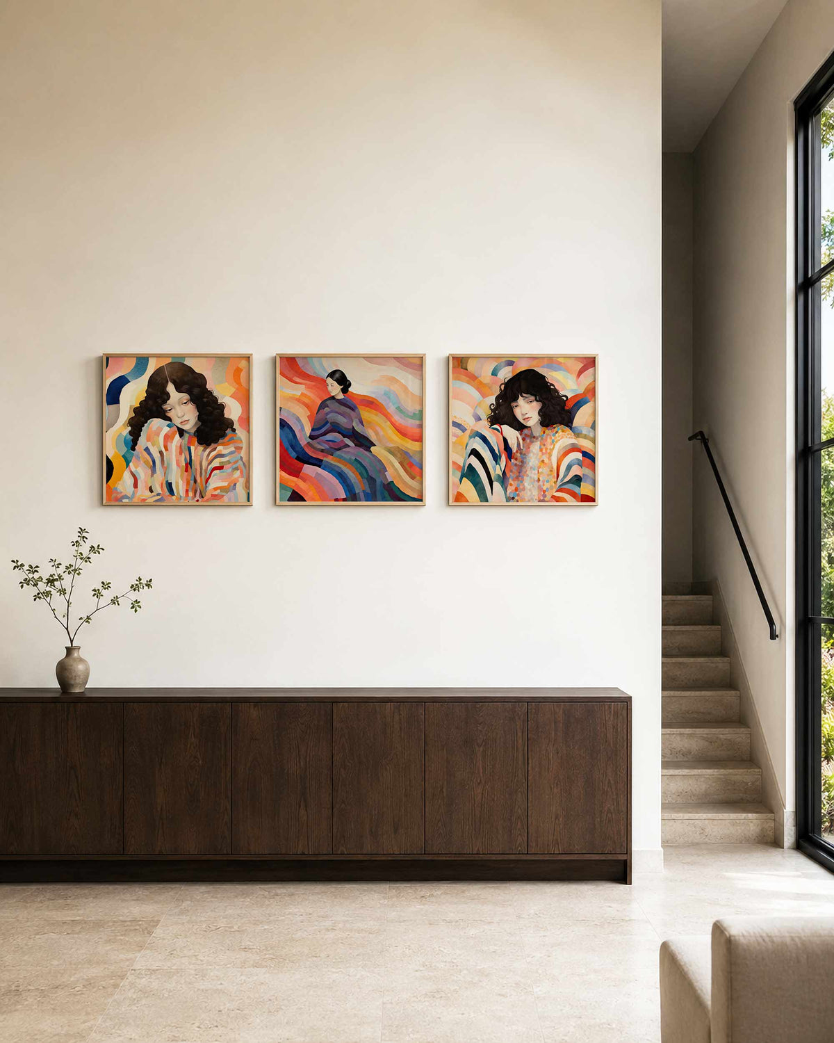 Interieurpresentatie van een driedelige vierkante posterset met kleurrijke vrouwenportretten
