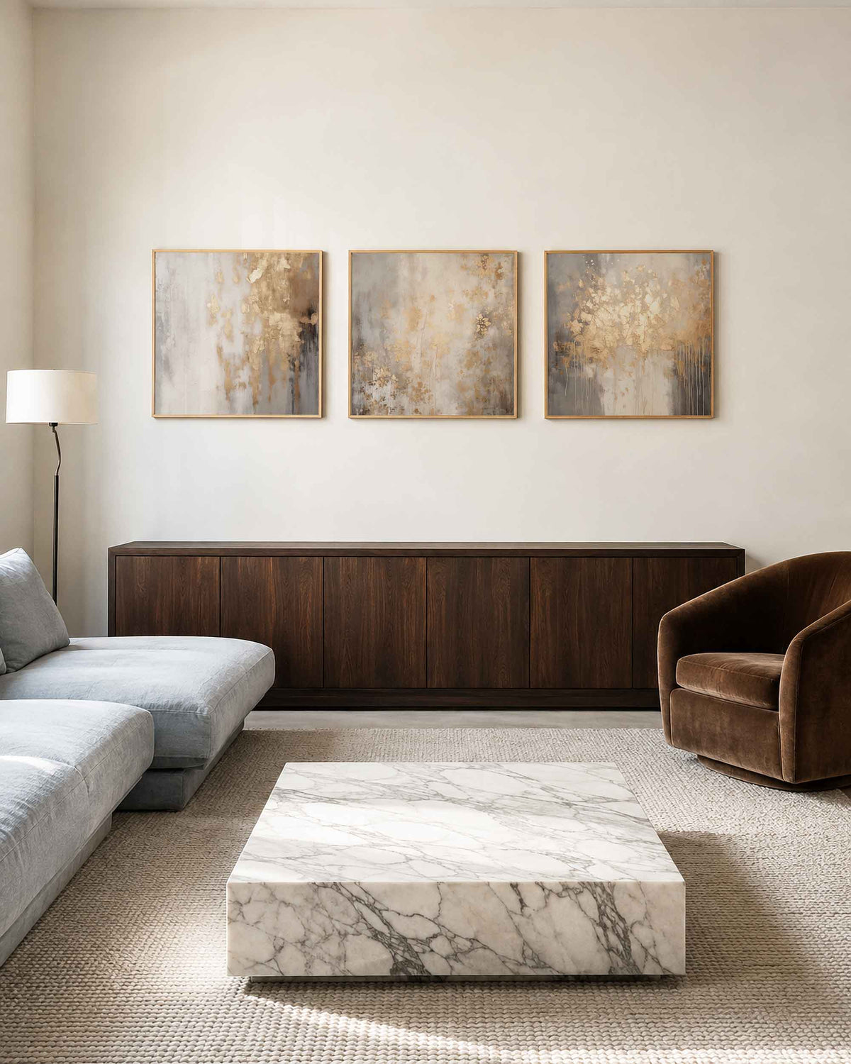 Interieurpresentatie van een driedelige vierkante posterset met beige abstracte kunst