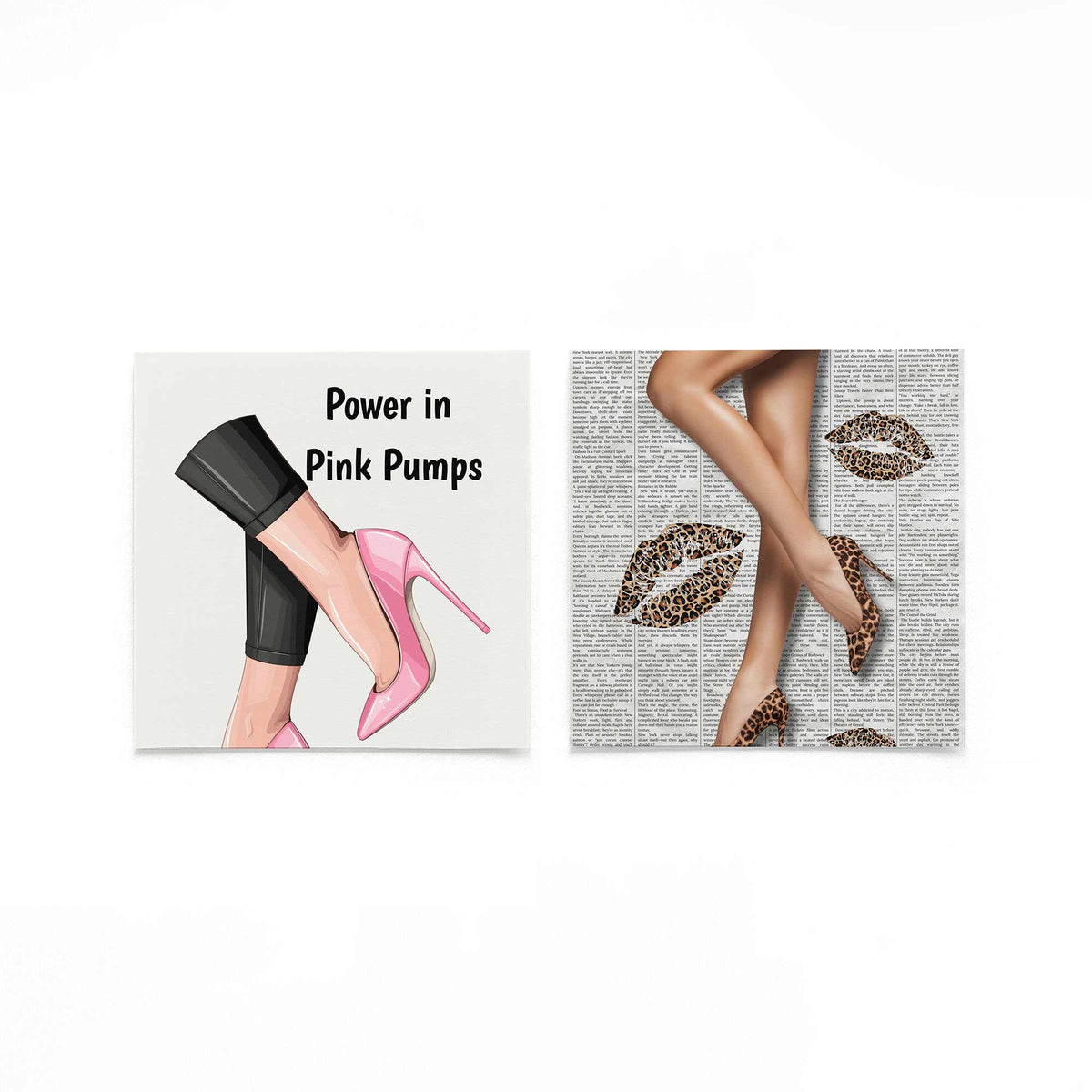 Twee vierkante posters met roze pumps op een gebroken witte achtergrond