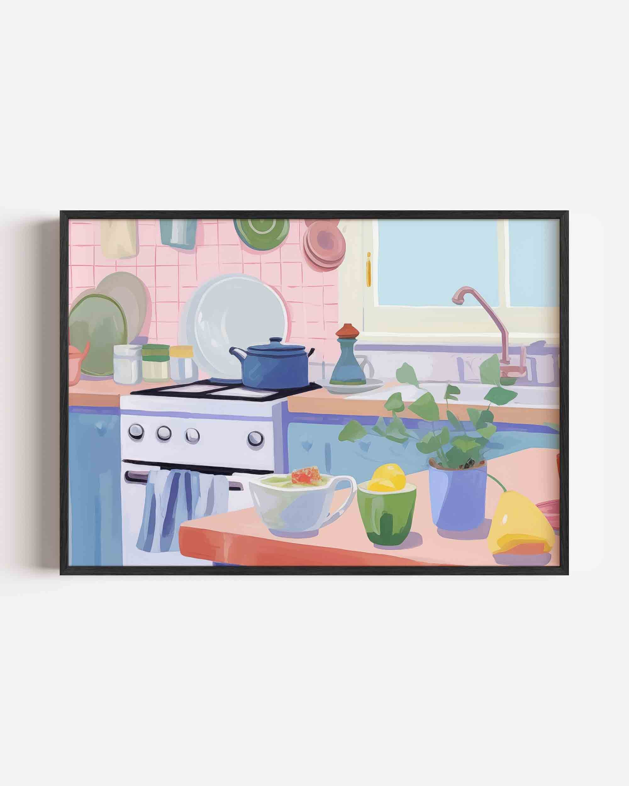 Keuken met blauwe pan Poster